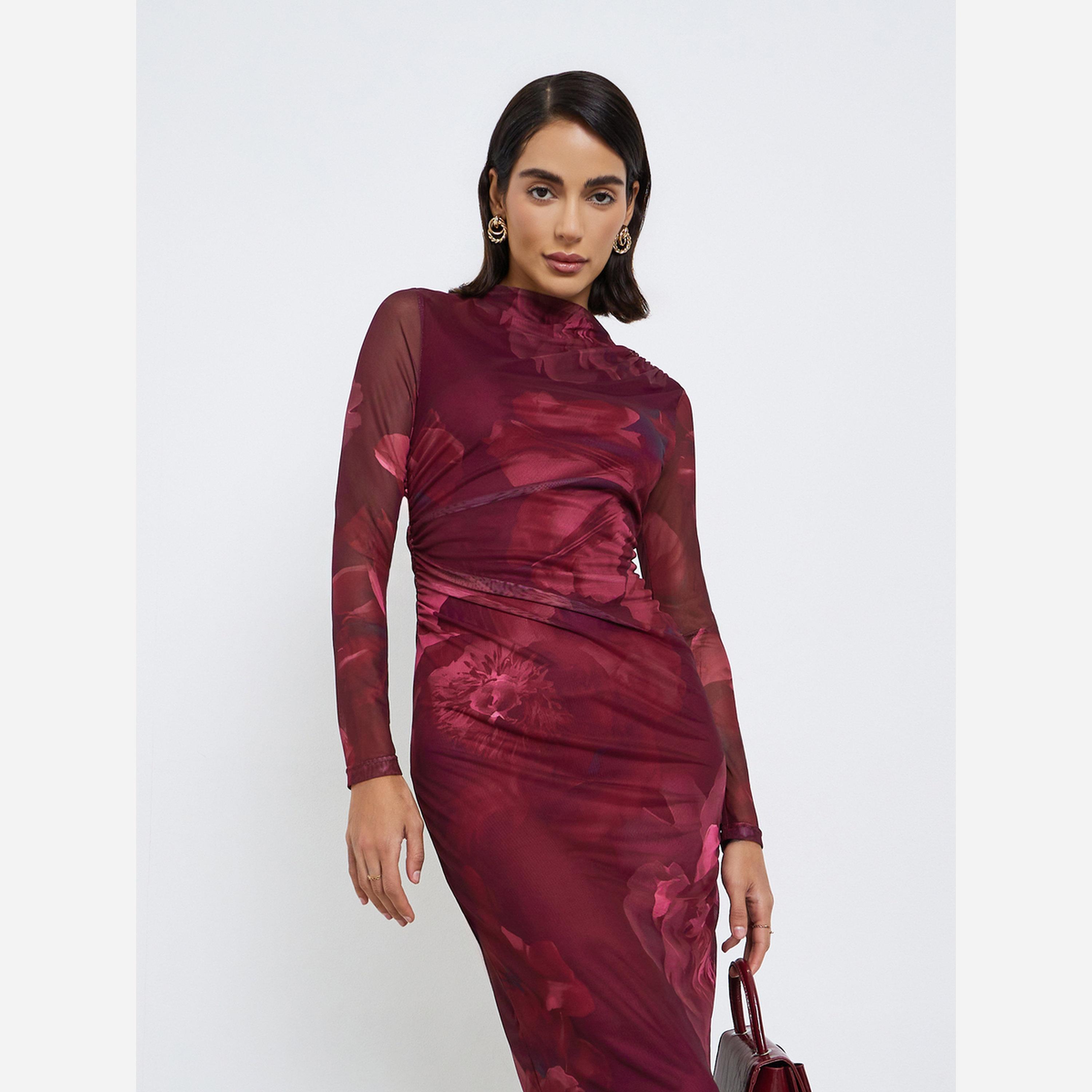ستايلي - فستان متوسط الطول ضيق طبعة زهور للنساء-women-clothing-dresses-image-4