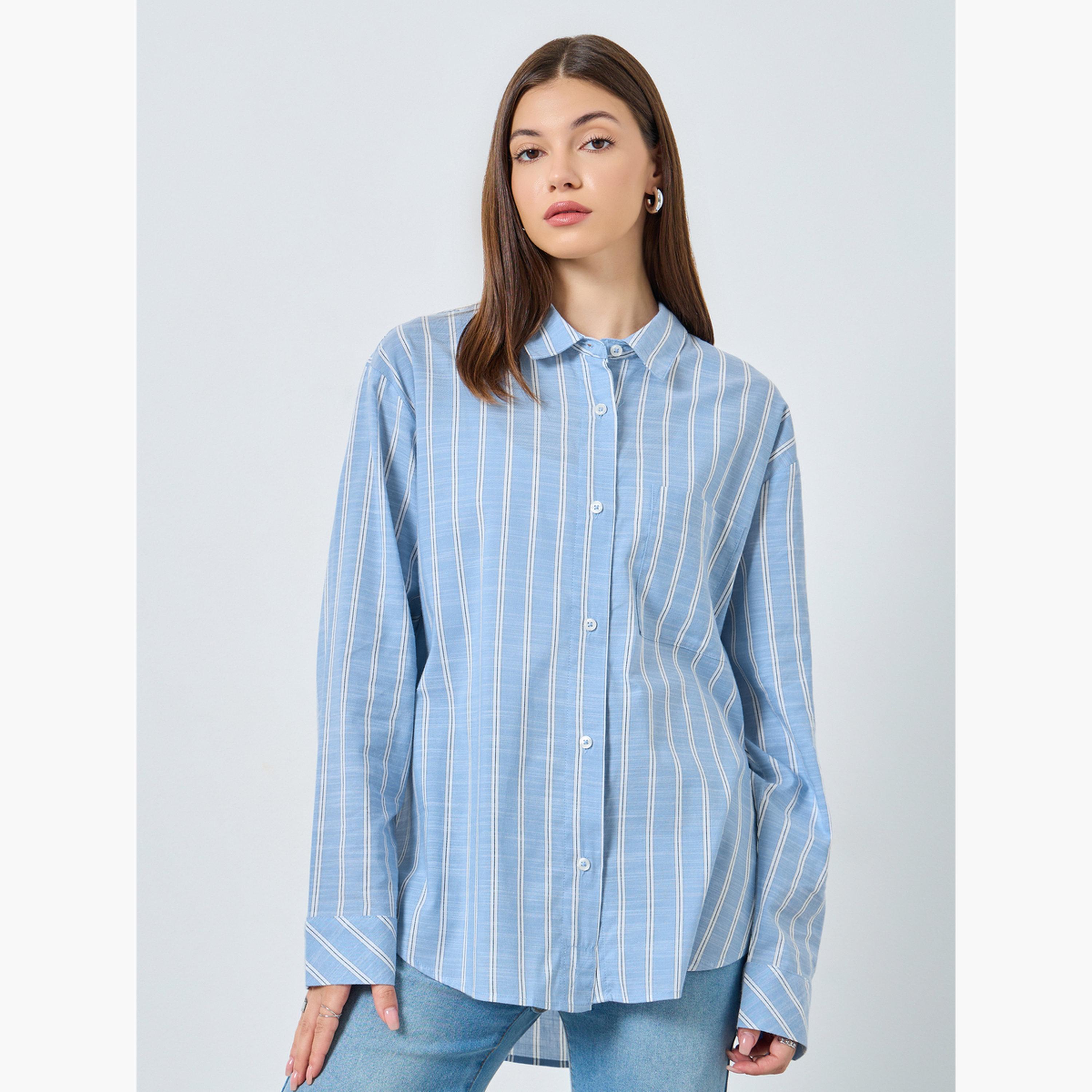Styli Blue Striped Long Sleeve Shirt-women-clothing-shirtsandblouses-shirts-image-1