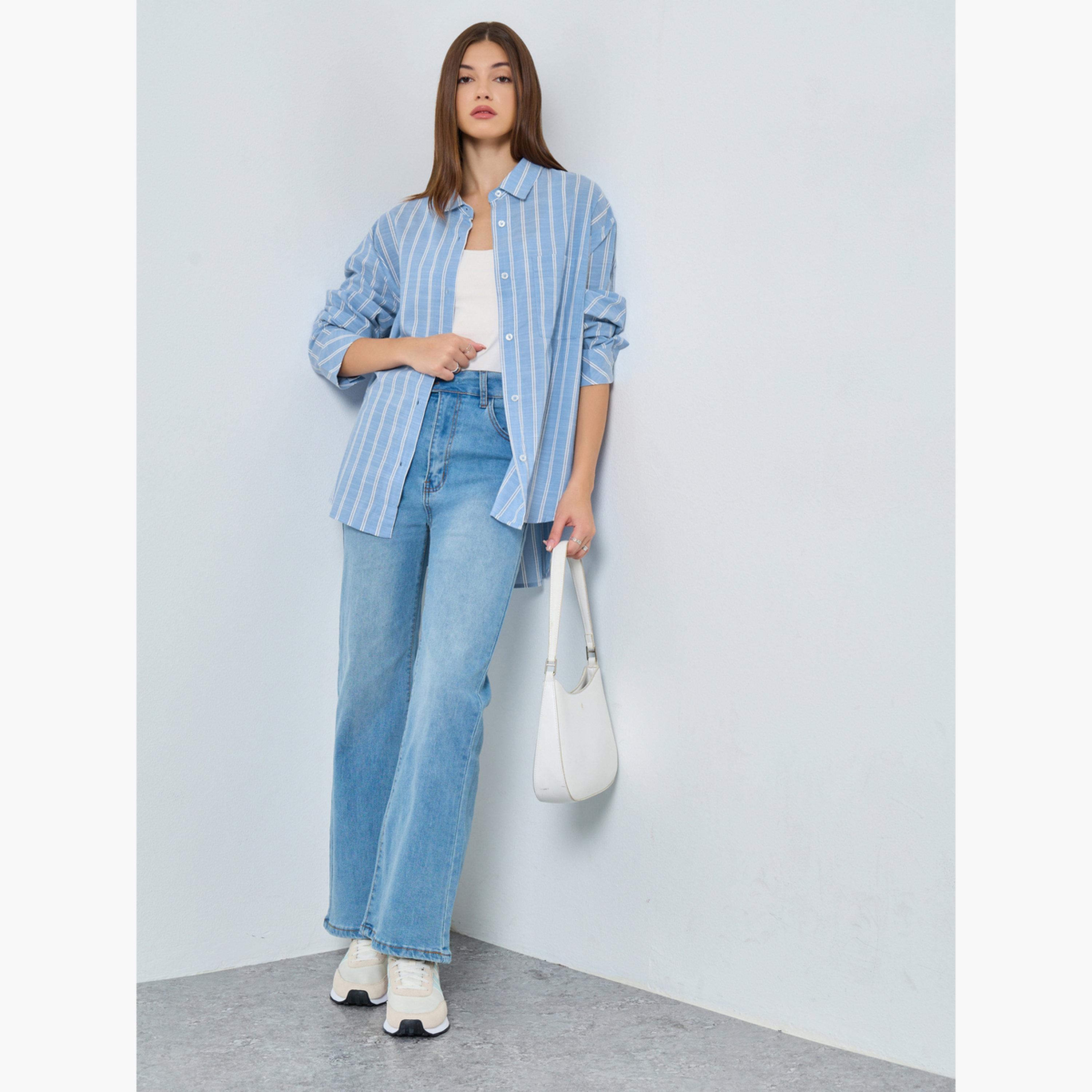 Styli Blue Striped Long Sleeve Shirt-women-clothing-shirtsandblouses-shirts-image-2