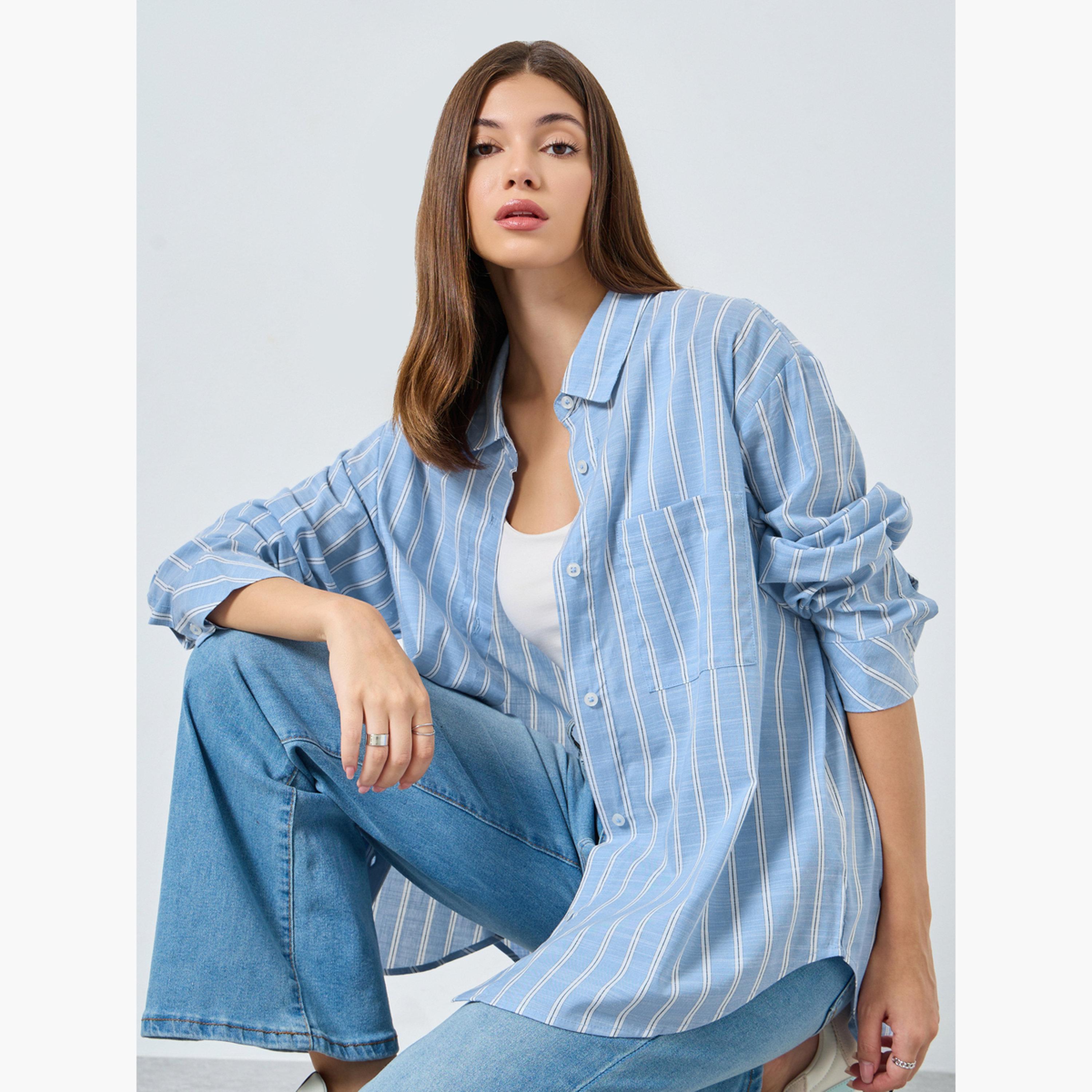 Styli Blue Striped Long Sleeve Shirt-women-clothing-shirtsandblouses-shirts-image-3
