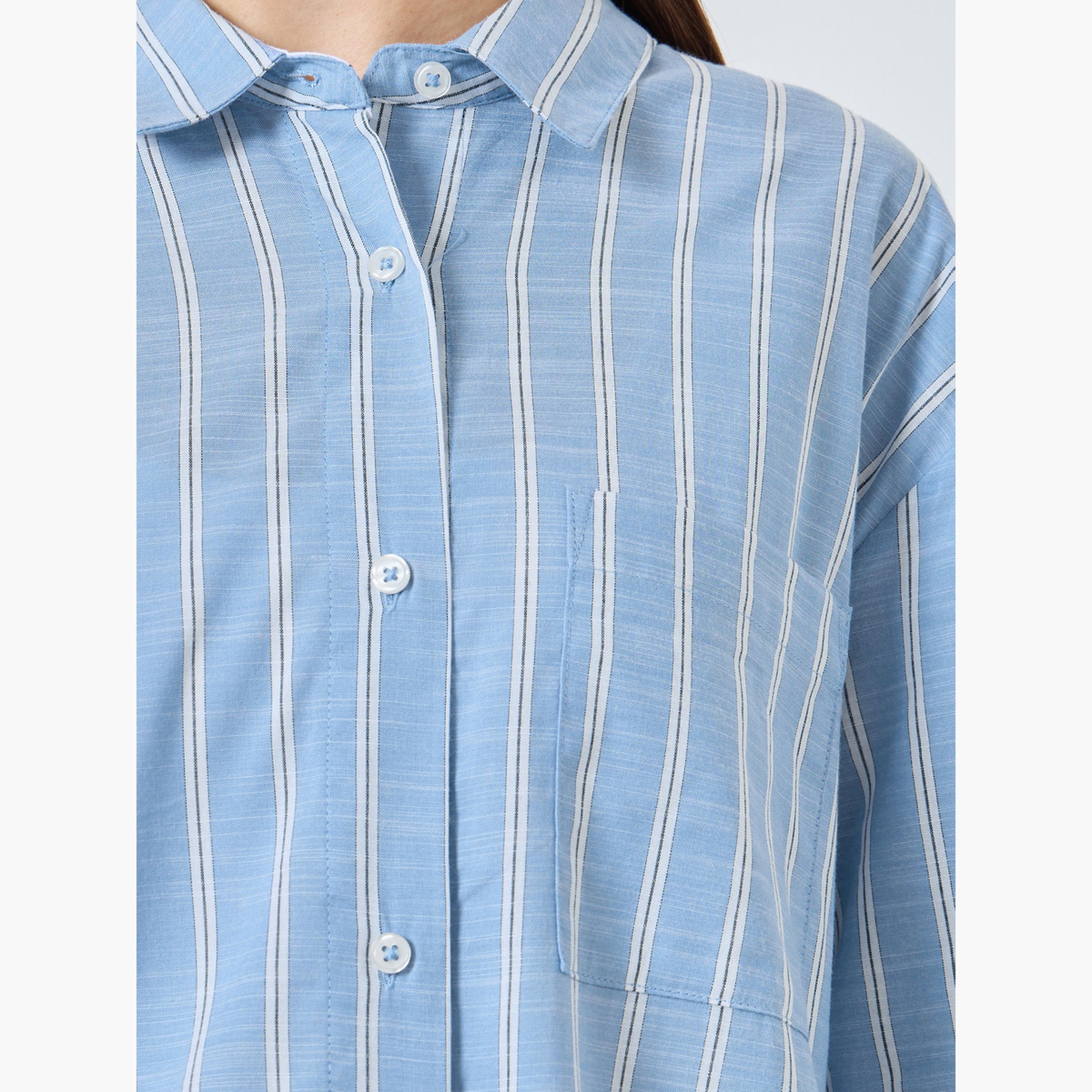 ستايلي - قميص مخطط لون أزرق بأكمام طويلة-women-clothing-shirtsandblouses-shirts-image-4