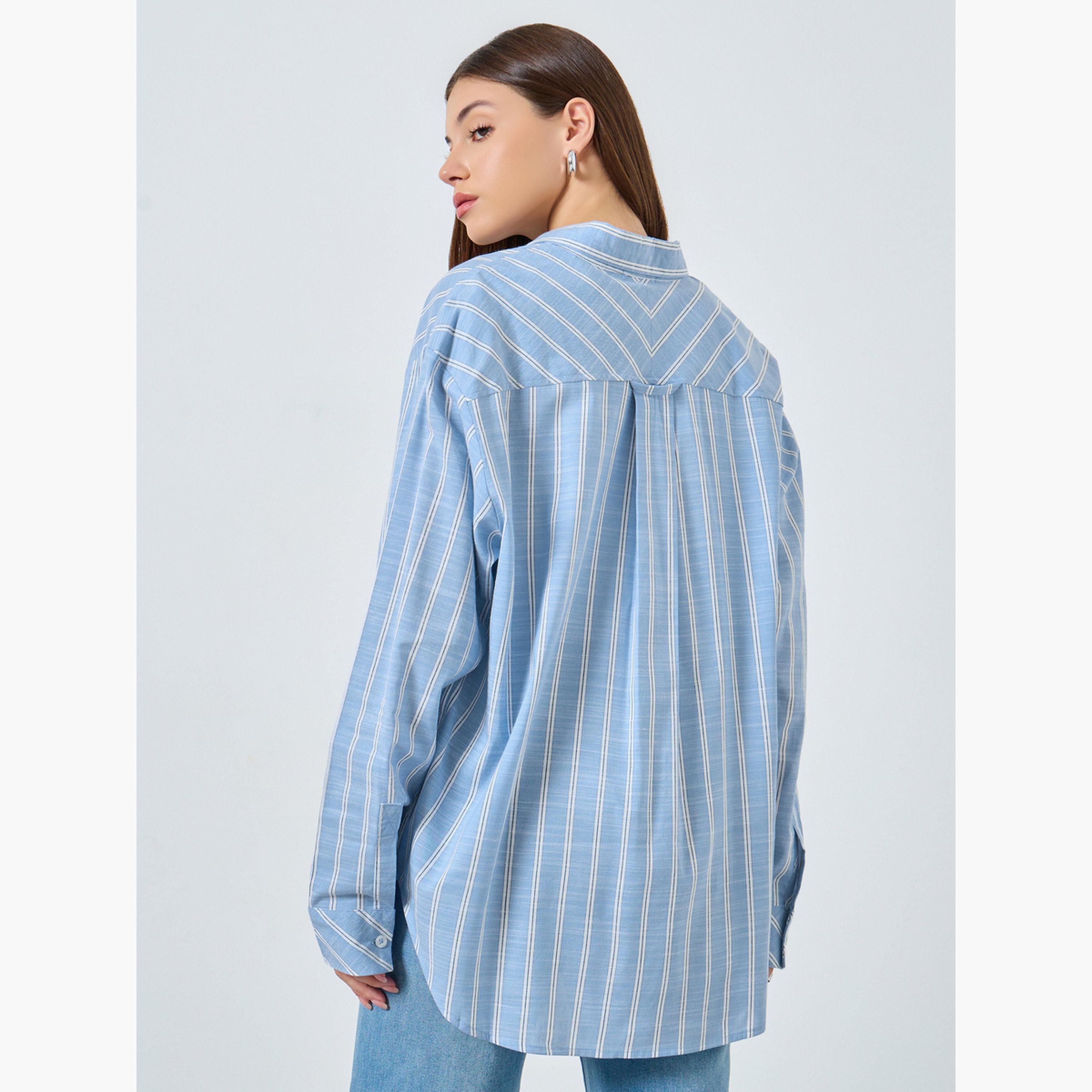 Styli Blue Striped Long Sleeve Shirt-women-clothing-shirtsandblouses-shirts-image-5