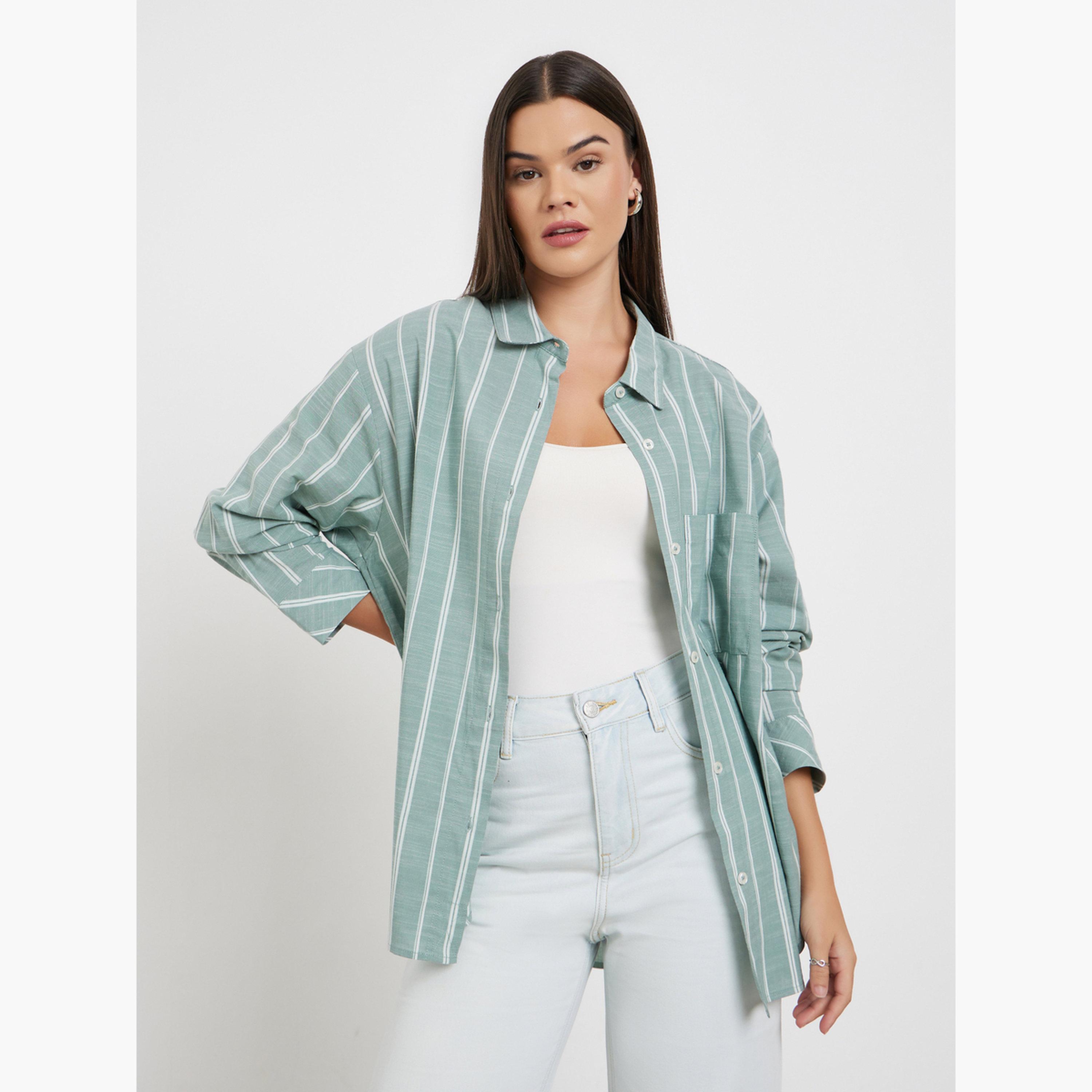 Styli Green Striped Oversized Shirt-women-clothing-shirtsandblouses-shirts-image-1