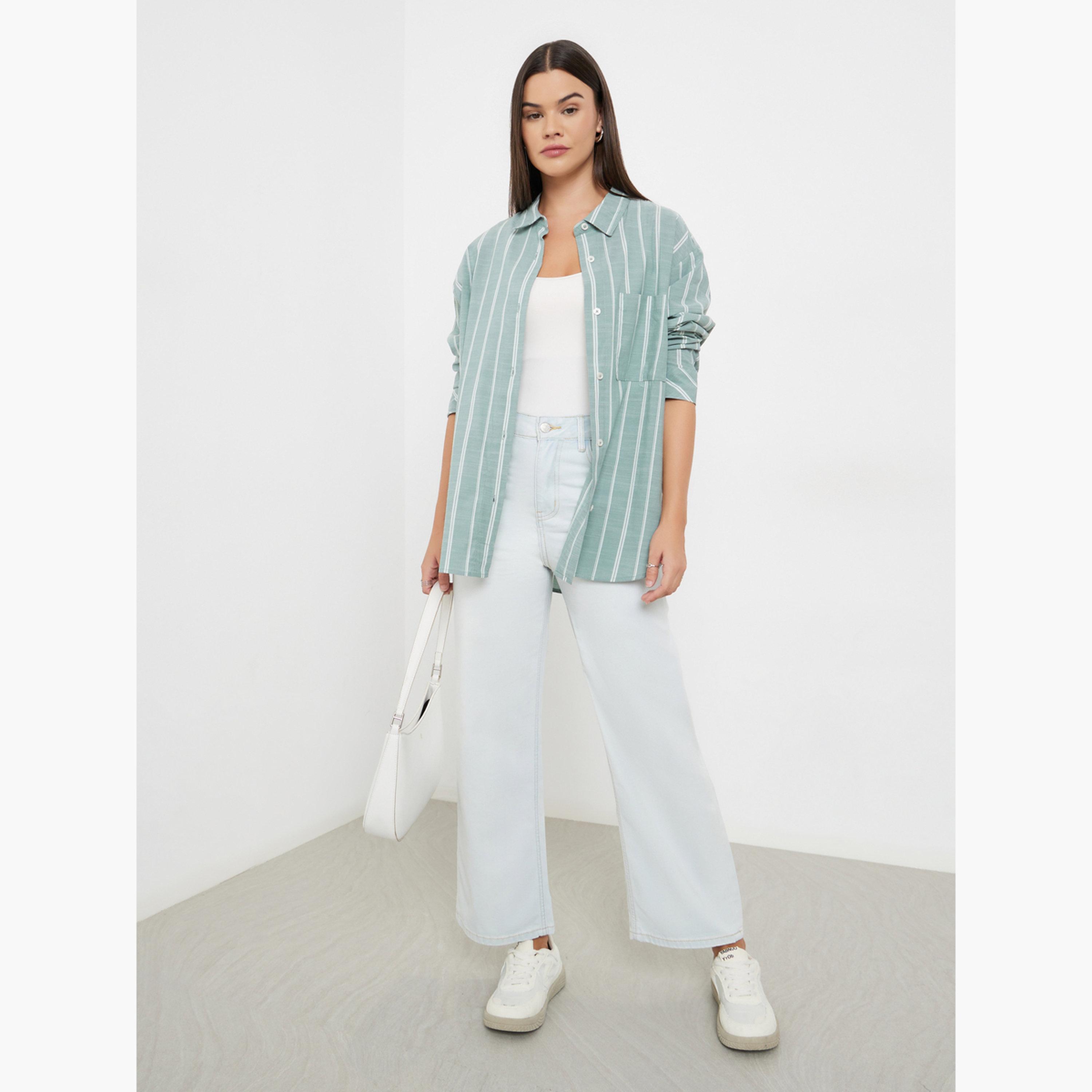 Styli Green Striped Oversized Shirt-women-clothing-shirtsandblouses-shirts-image-2
