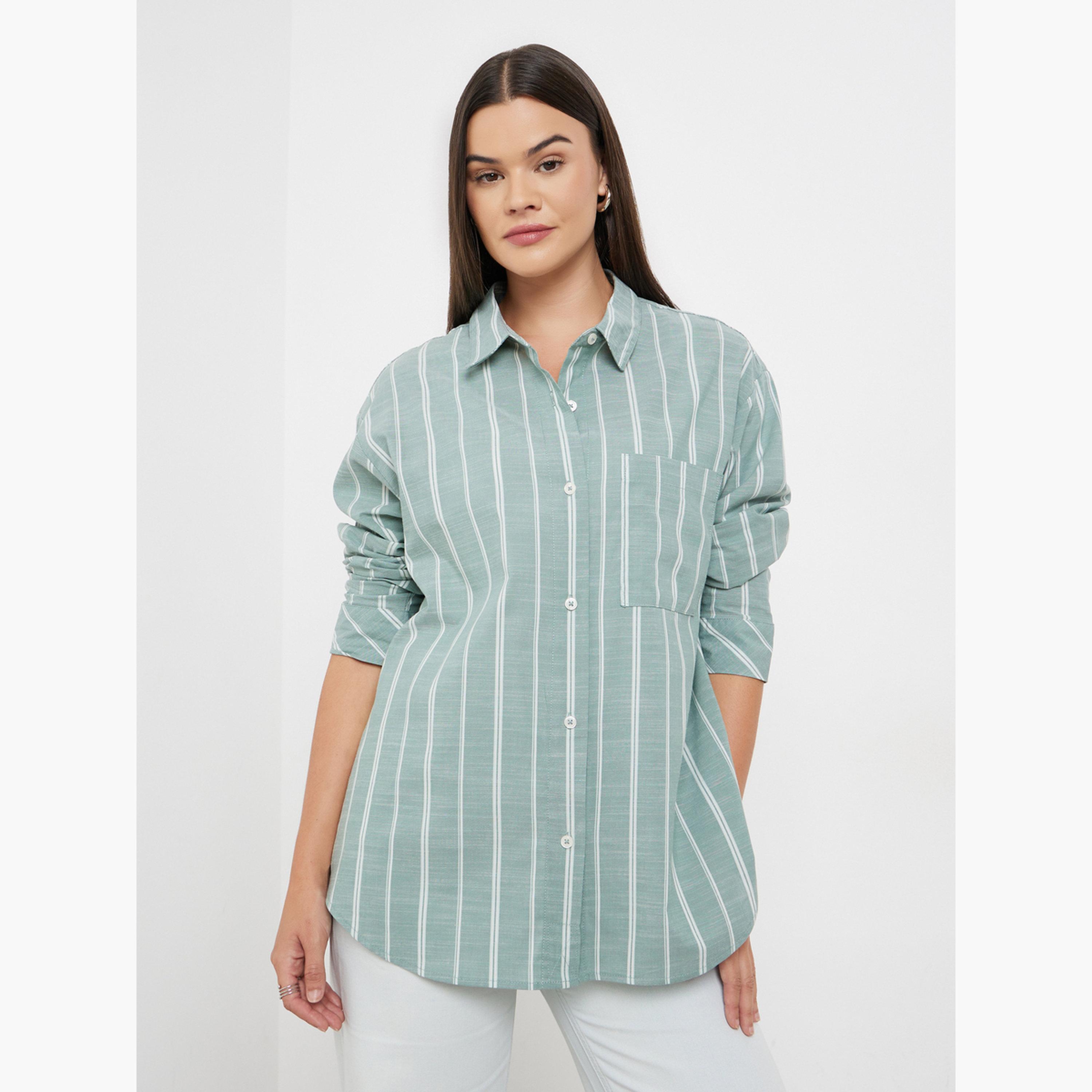 Styli Green Striped Oversized Shirt-women-clothing-shirtsandblouses-shirts-image-3