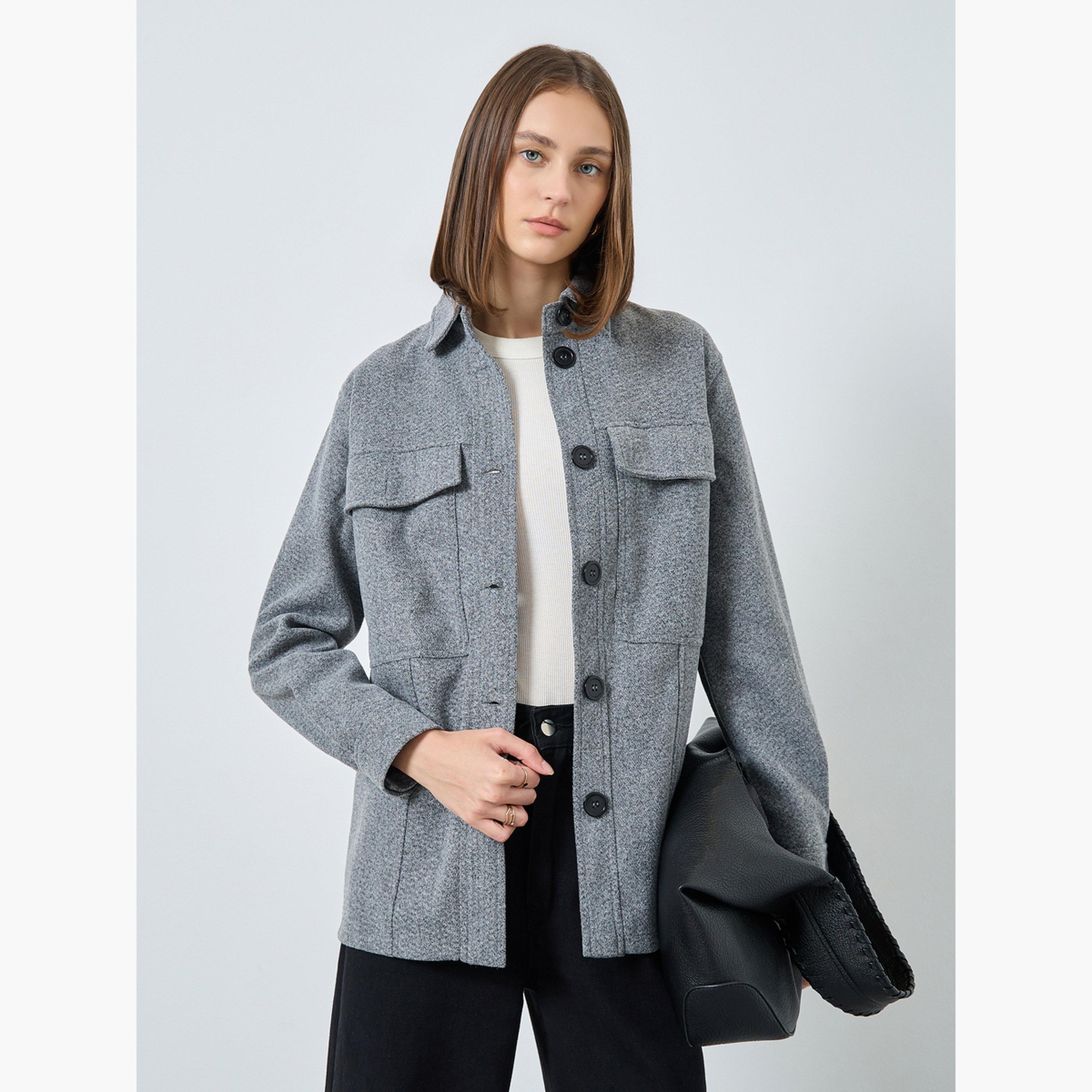 Styli Textured Oversized Collared Long Sleeves Women's Buttoned Jacket with Flap Pocket-women-winterwear-coatsandjackets-jackets-image-1