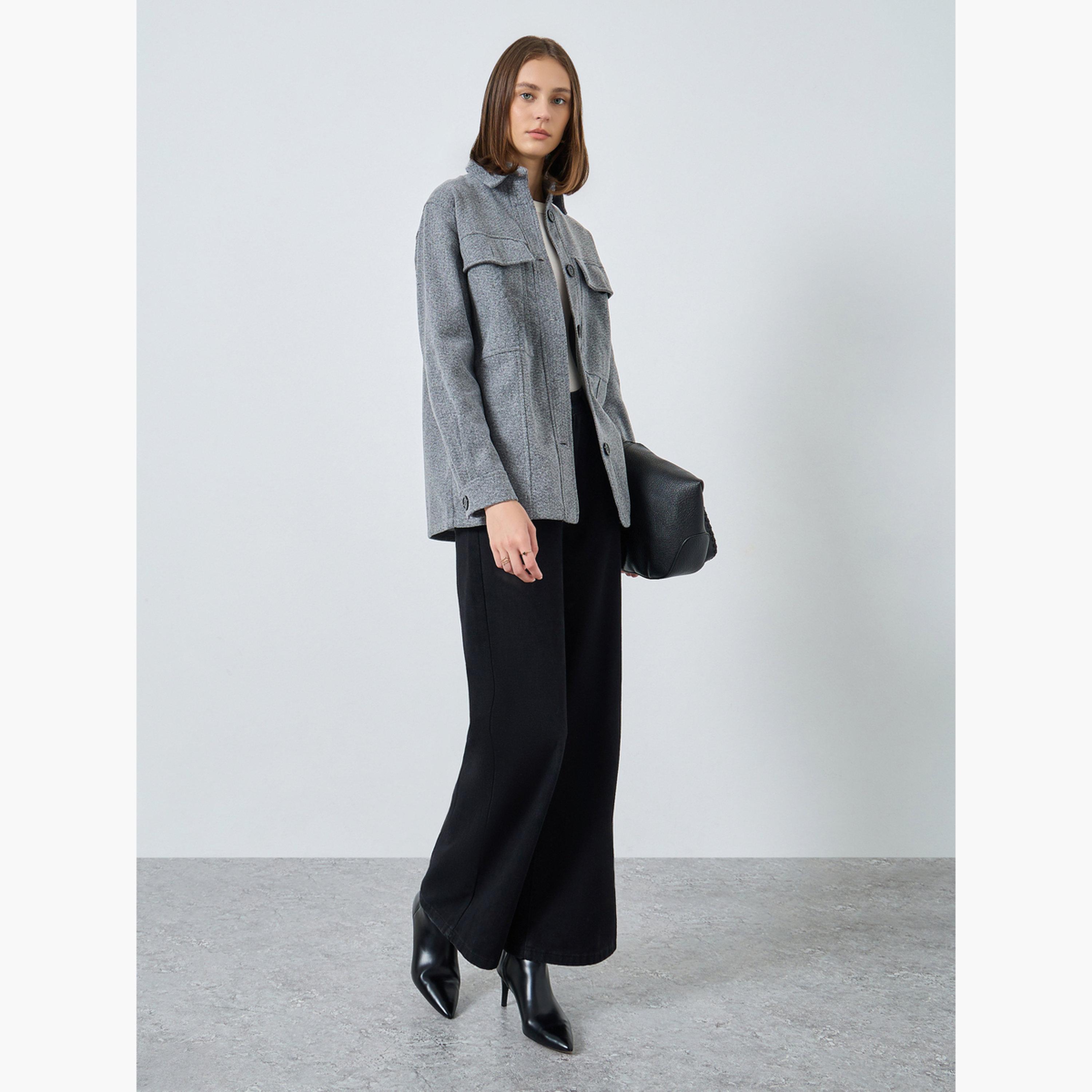 Styli Textured Oversized Collared Long Sleeves Women's Buttoned Jacket with Flap Pocket-women-winterwear-coatsandjackets-jackets-image-2