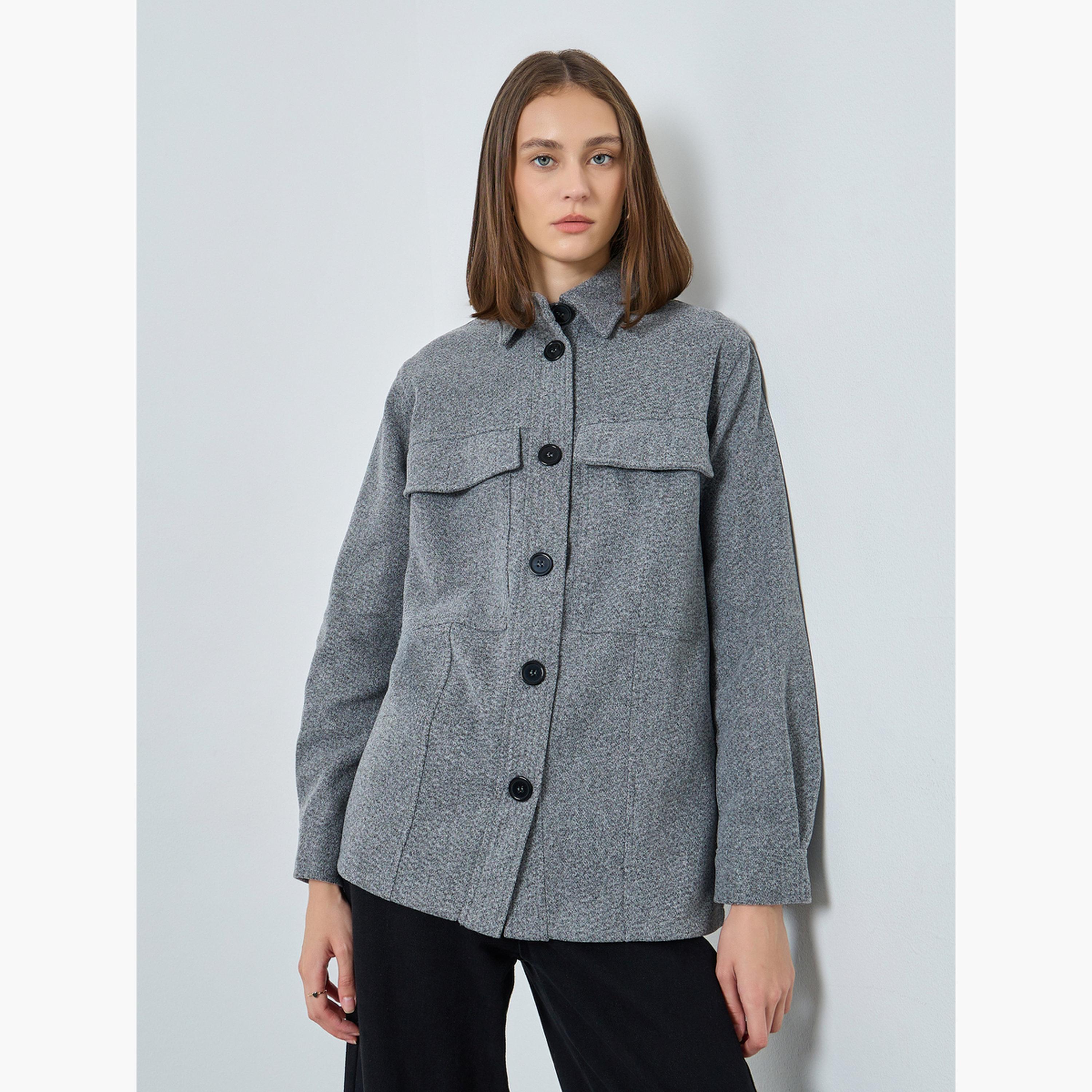 Styli Textured Oversized Collared Long Sleeves Women's Buttoned Jacket with Flap Pocket-women-winterwear-coatsandjackets-jackets-image-3