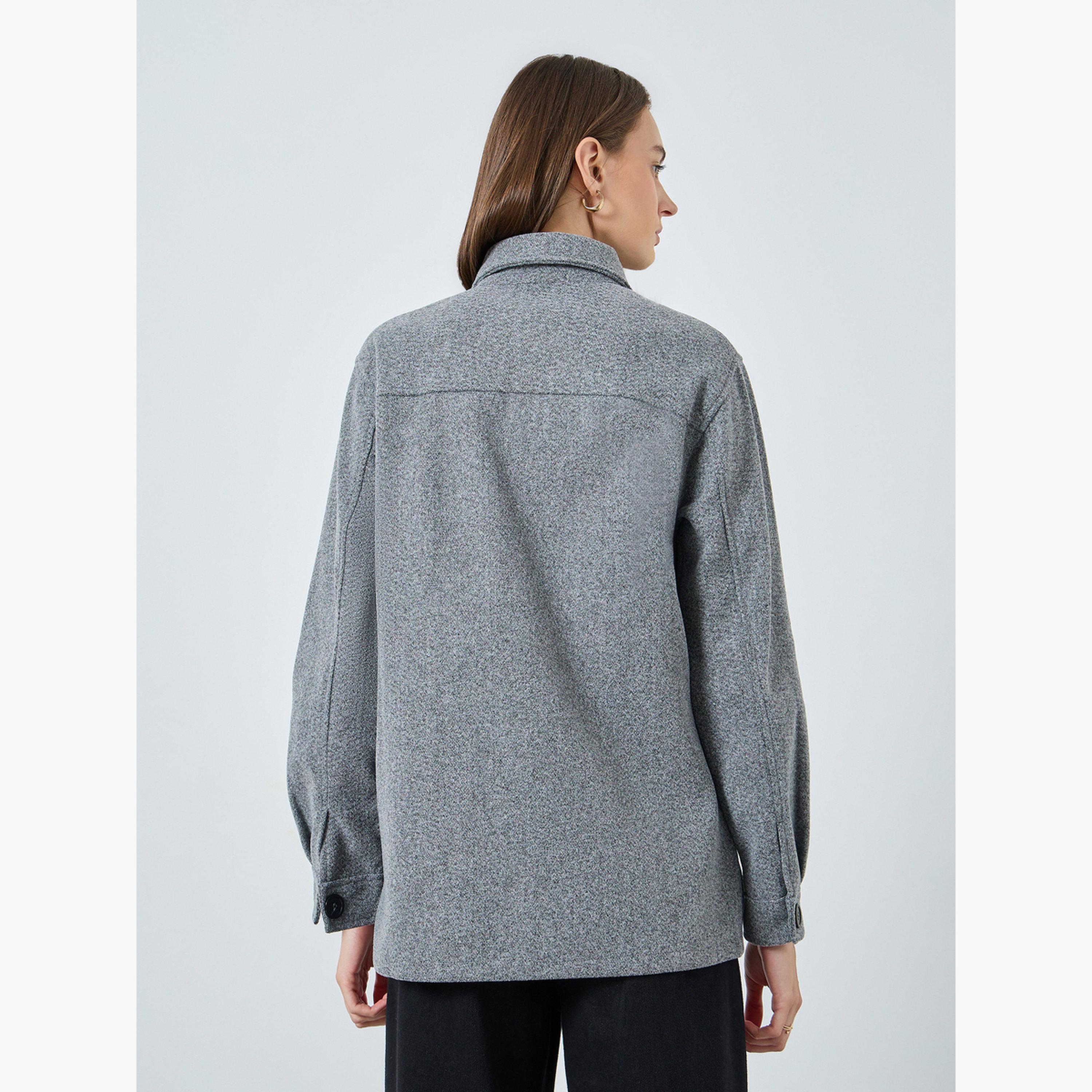 Styli Textured Oversized Collared Long Sleeves Women's Buttoned Jacket with Flap Pocket-women-winterwear-coatsandjackets-jackets-image-4