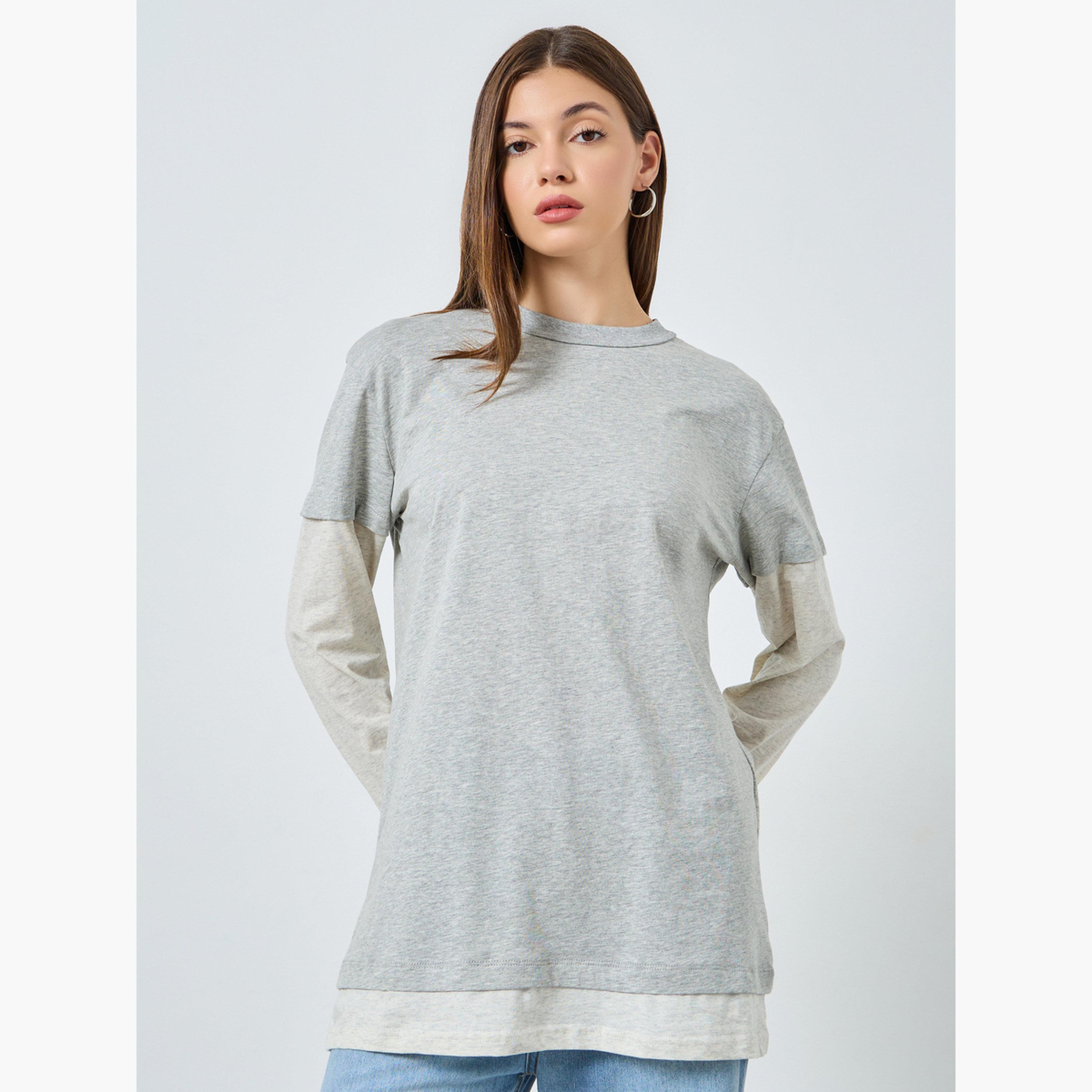 ستايلي - تي شيرت بأكمام طويلة بتصميم مزدوج للنساء-women-clothing-tshirts-image-1