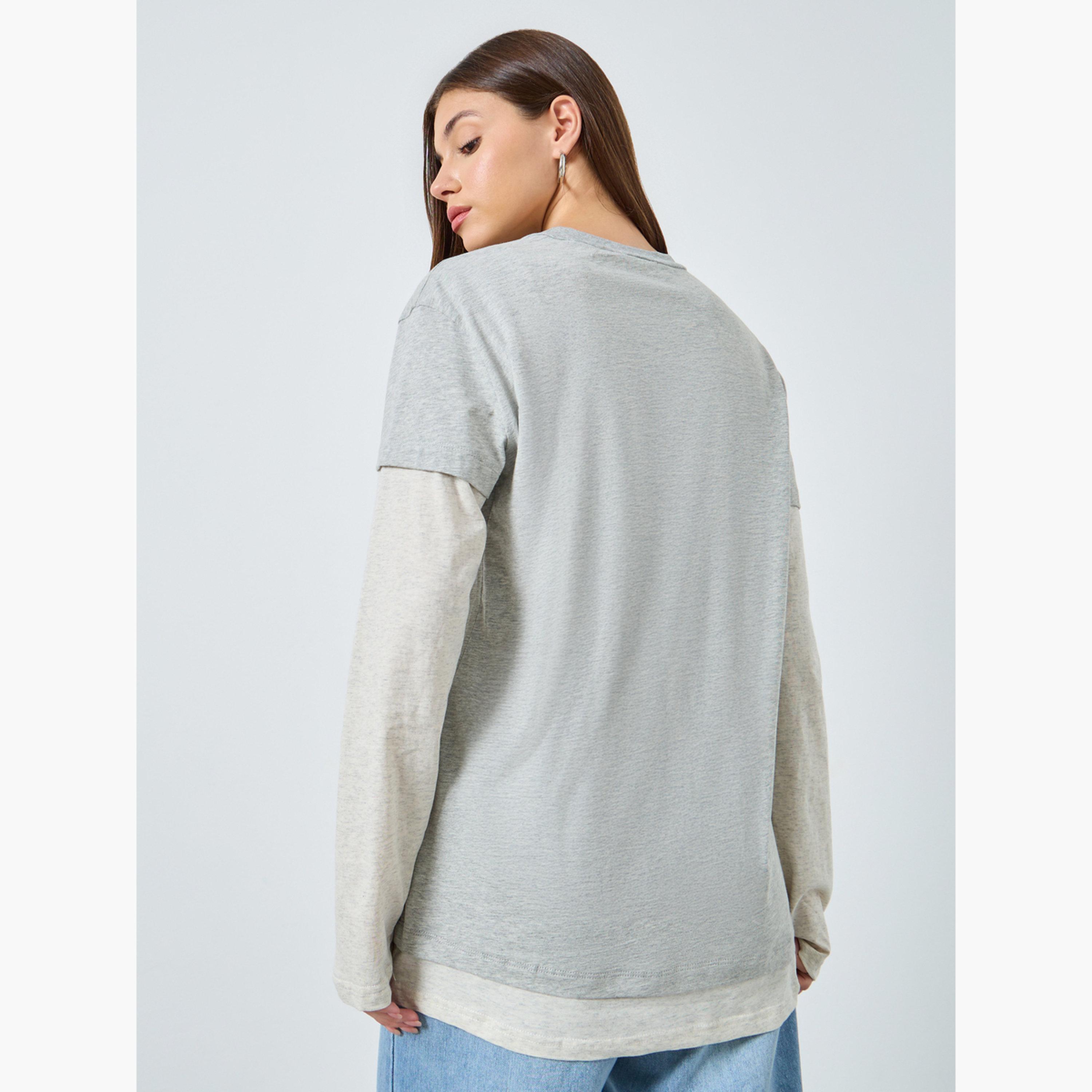 ستايلي - تي شيرت بأكمام طويلة بتصميم مزدوج للنساء-women-clothing-tshirts-image-5