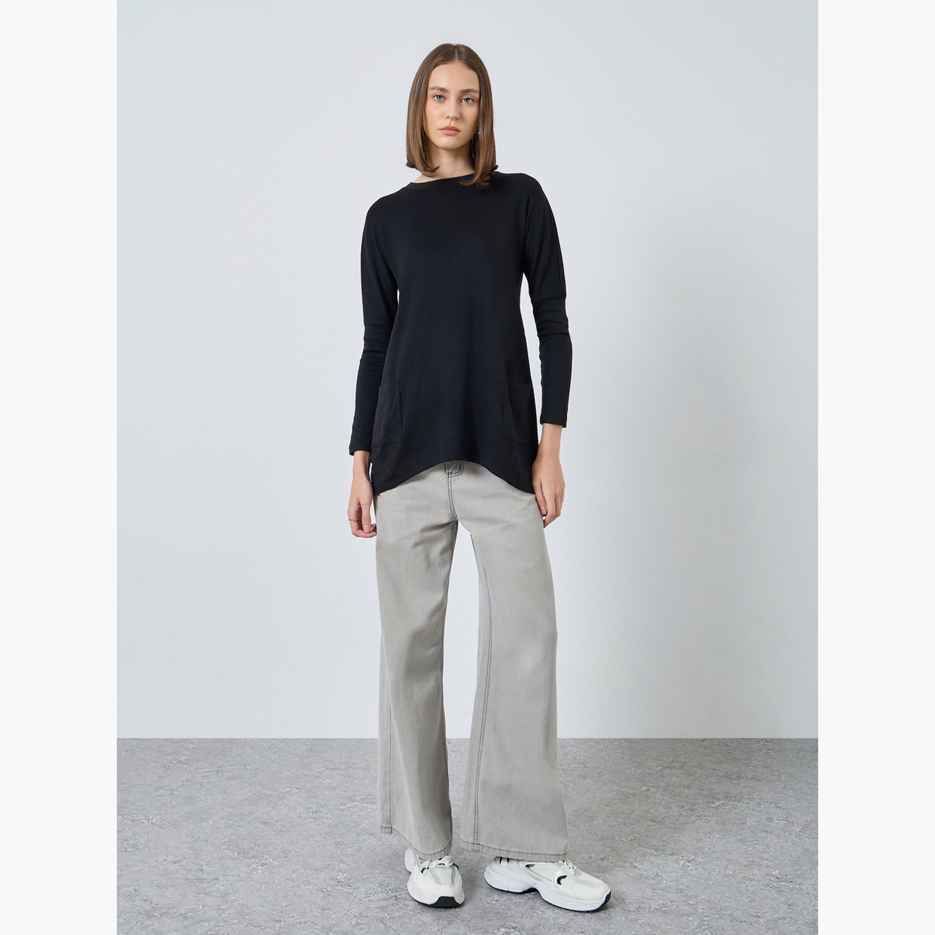 ستايلي - بلوزة محبوكة بأكمام طويلة باللون الأسود للنساء-women-clothing-tshirts-image-2