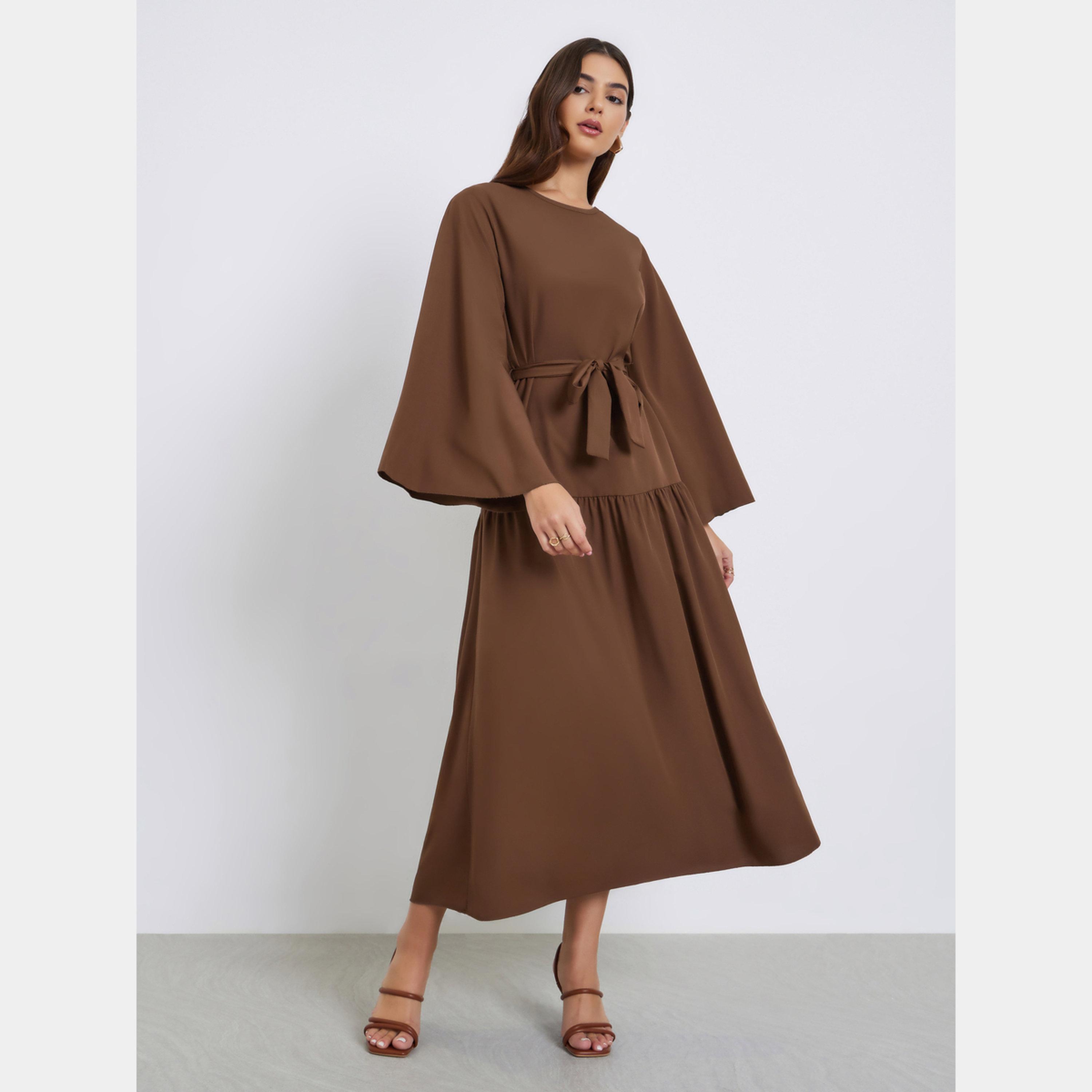 Styli Brown Solid Round Neck Flute Sleeves Women's Tie-Waist Midi Dress-women-clothing-dresses-image-1