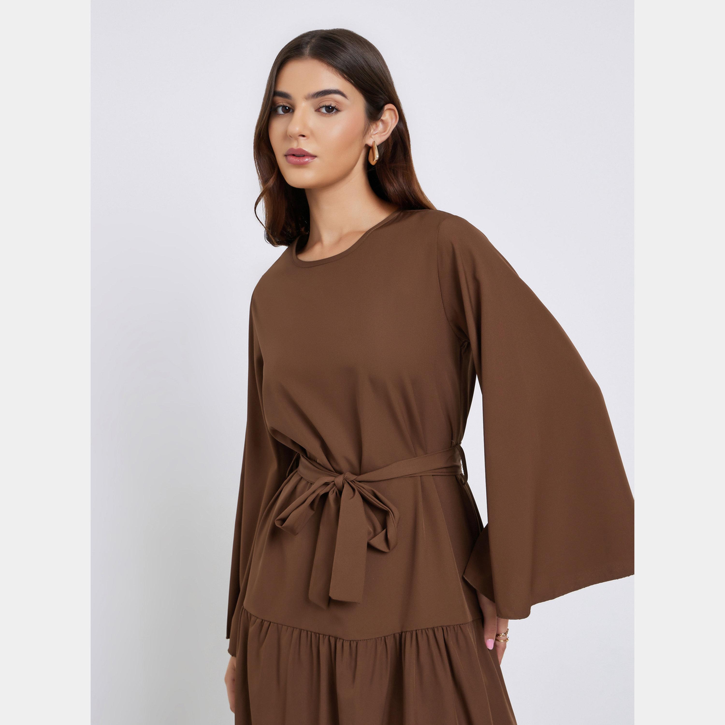 Styli Brown Solid Round Neck Flute Sleeves Women's Tie-Waist Midi Dress-women-clothing-dresses-image-2