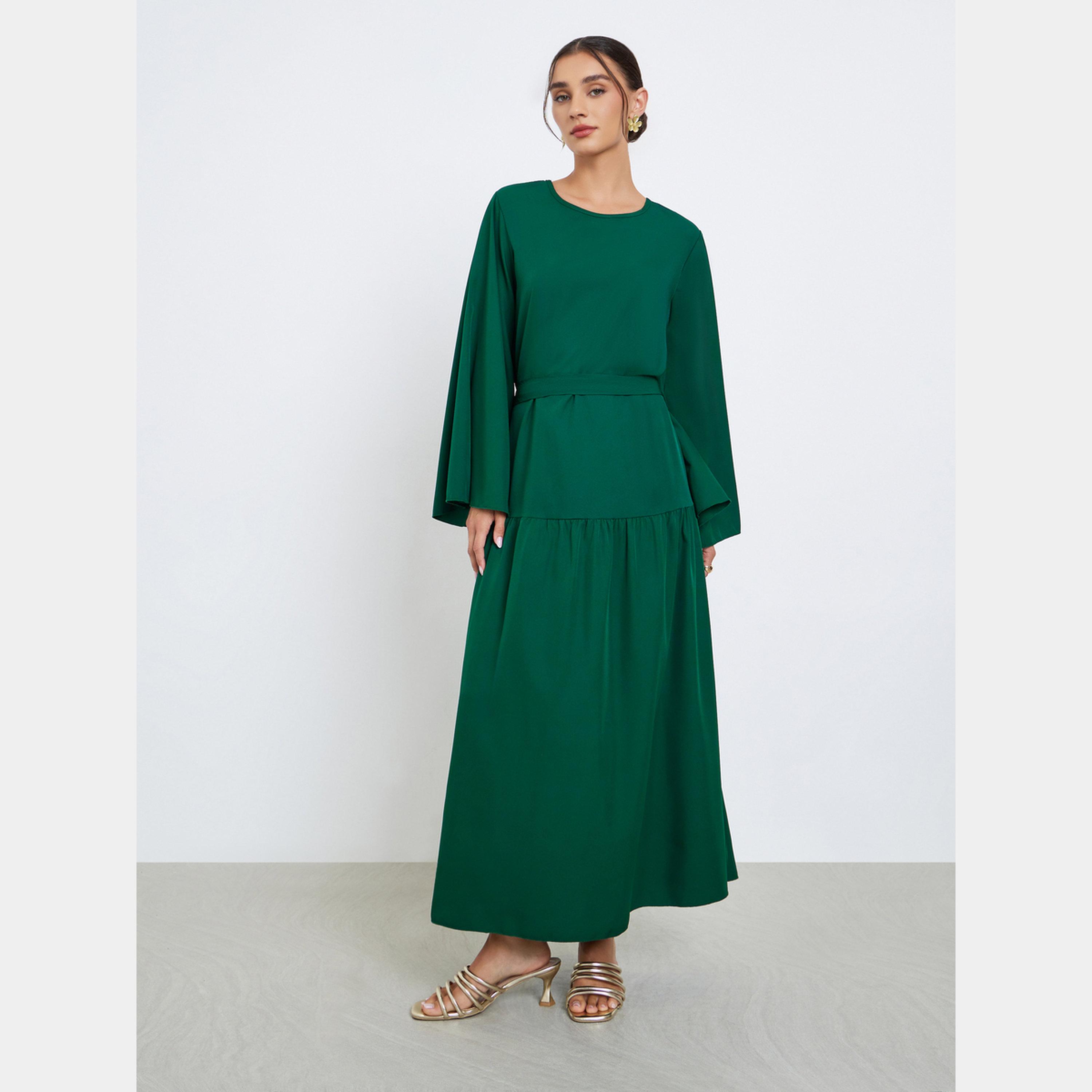 ستايلي - فستان نسائي متوسط ​​الطول بتصميم A وأكمام جرس ورقبة دائرية باللون الأخضر-women-clothing-dresses-image-1