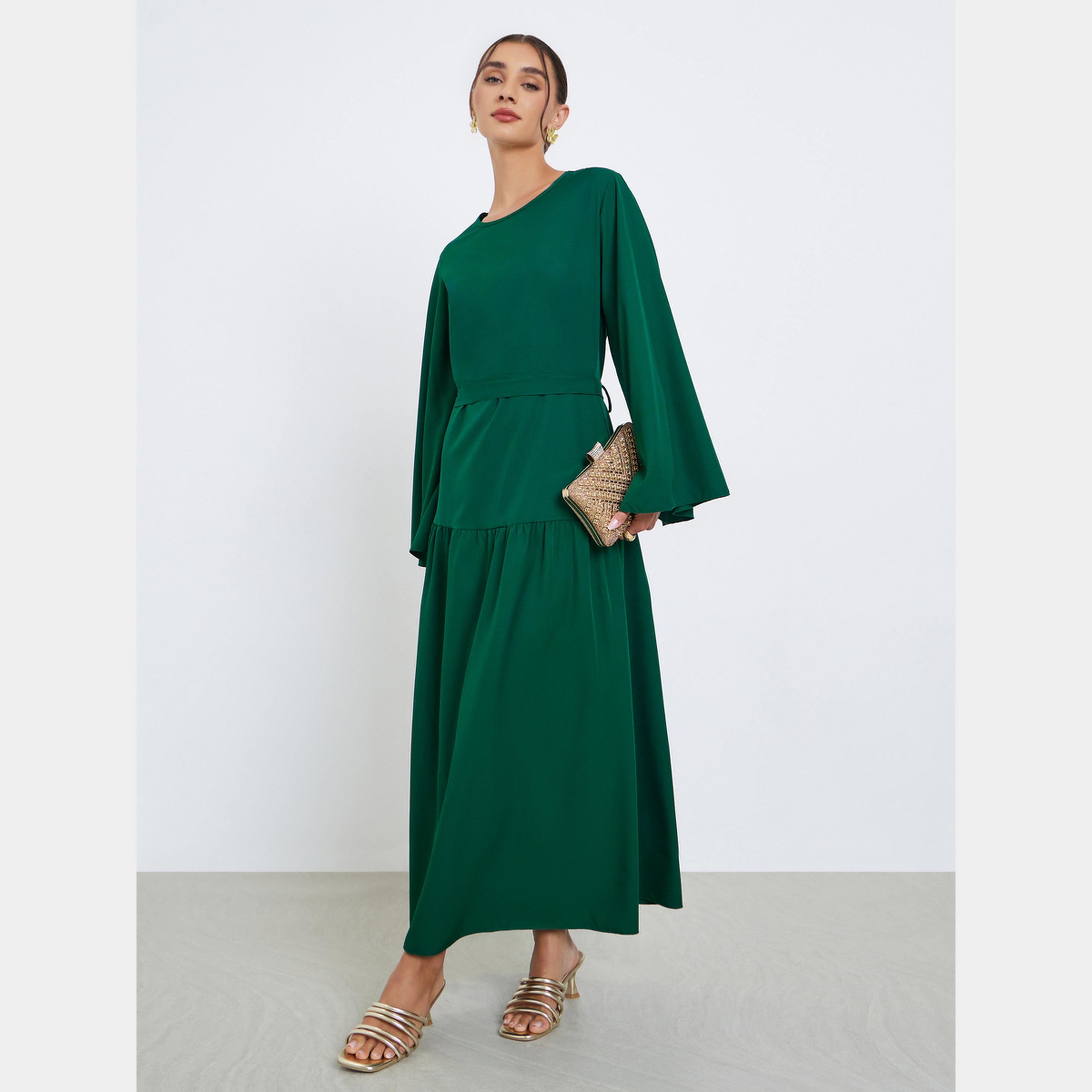 ستايلي - فستان نسائي متوسط ​​الطول بتصميم A وأكمام جرس ورقبة دائرية باللون الأخضر-women-clothing-dresses-image-2