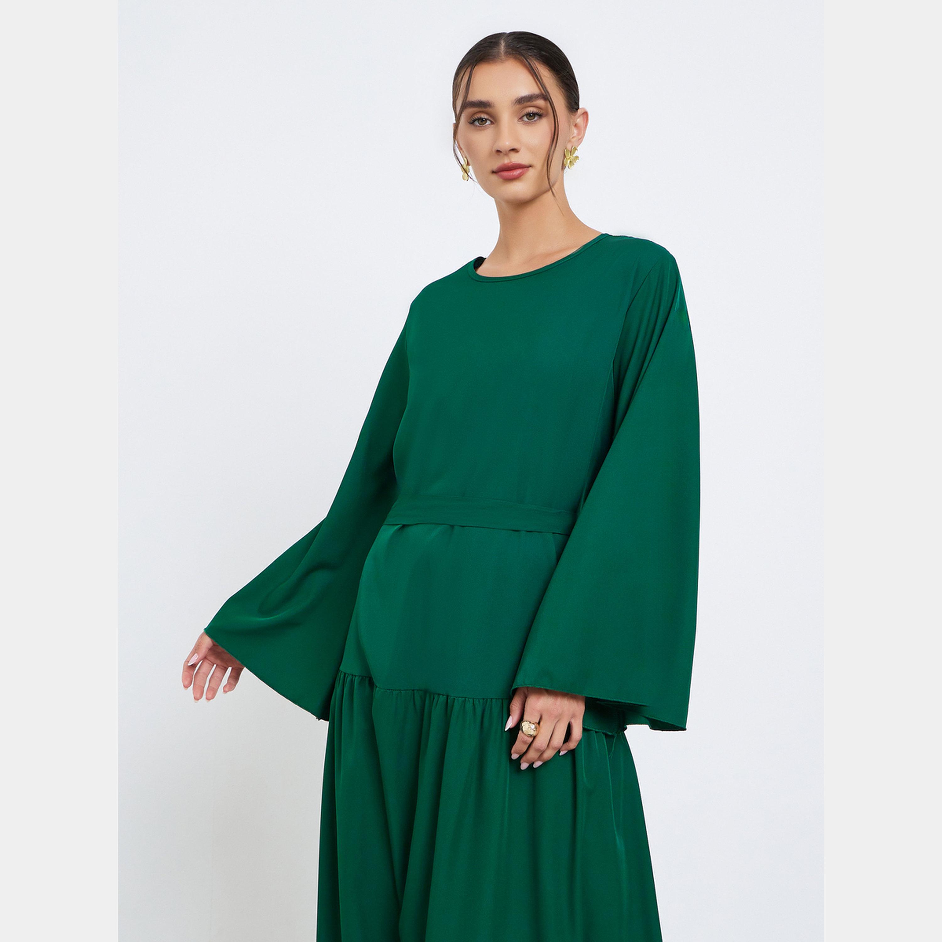 ستايلي - فستان نسائي متوسط ​​الطول بتصميم A وأكمام جرس ورقبة دائرية باللون الأخضر-women-clothing-dresses-image-3