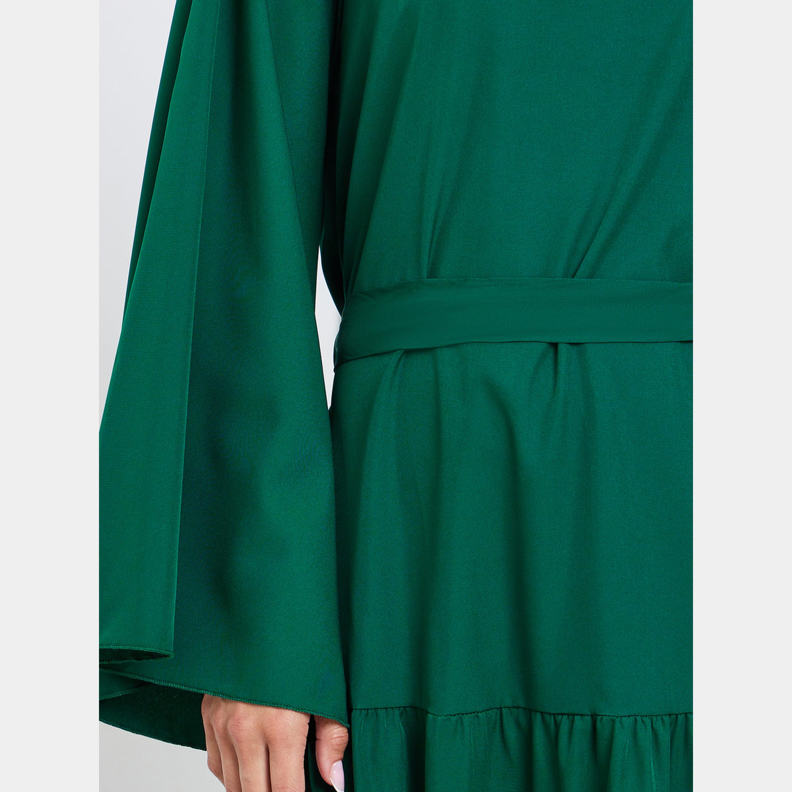 ستايلي - فستان نسائي متوسط ​​الطول بتصميم A وأكمام جرس ورقبة دائرية باللون الأخضر-women-clothing-dresses-image-4
