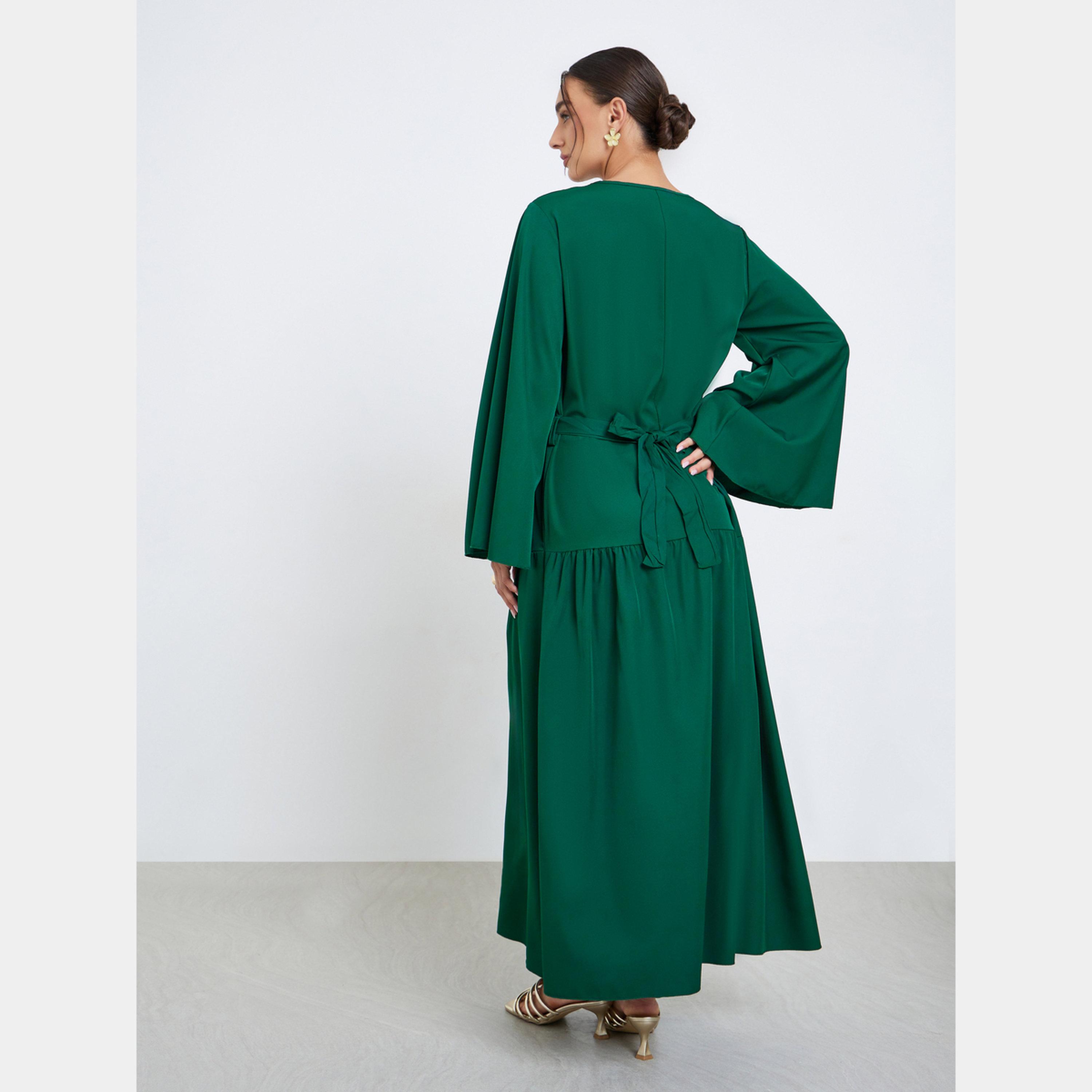 ستايلي - فستان نسائي متوسط ​​الطول بتصميم A وأكمام جرس ورقبة دائرية باللون الأخضر-women-clothing-dresses-image-5