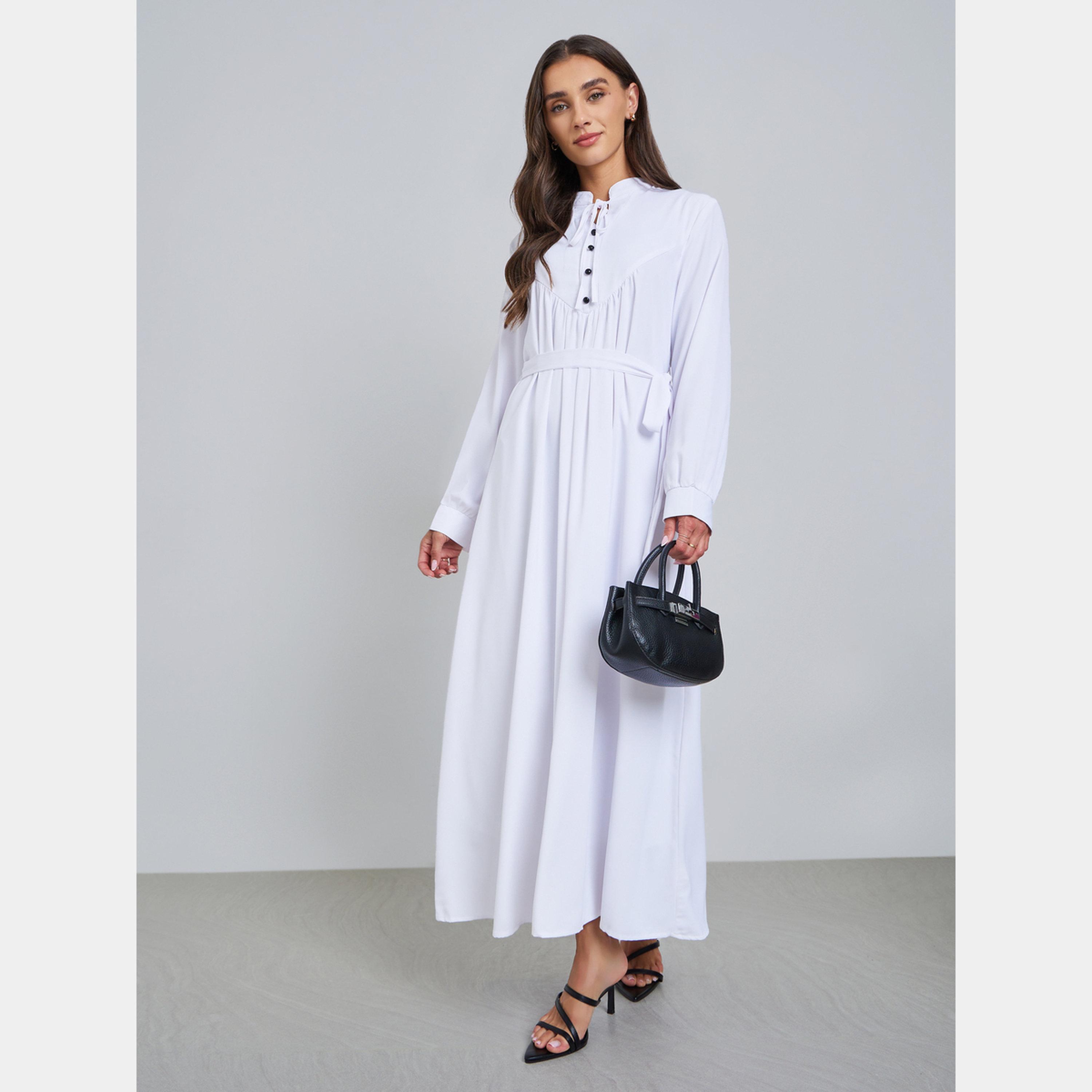 Buy Styli White Solid Tie Neck Long Sleeves Women's Buttoned Maxi Dress  Online | Centrepoint Qatar