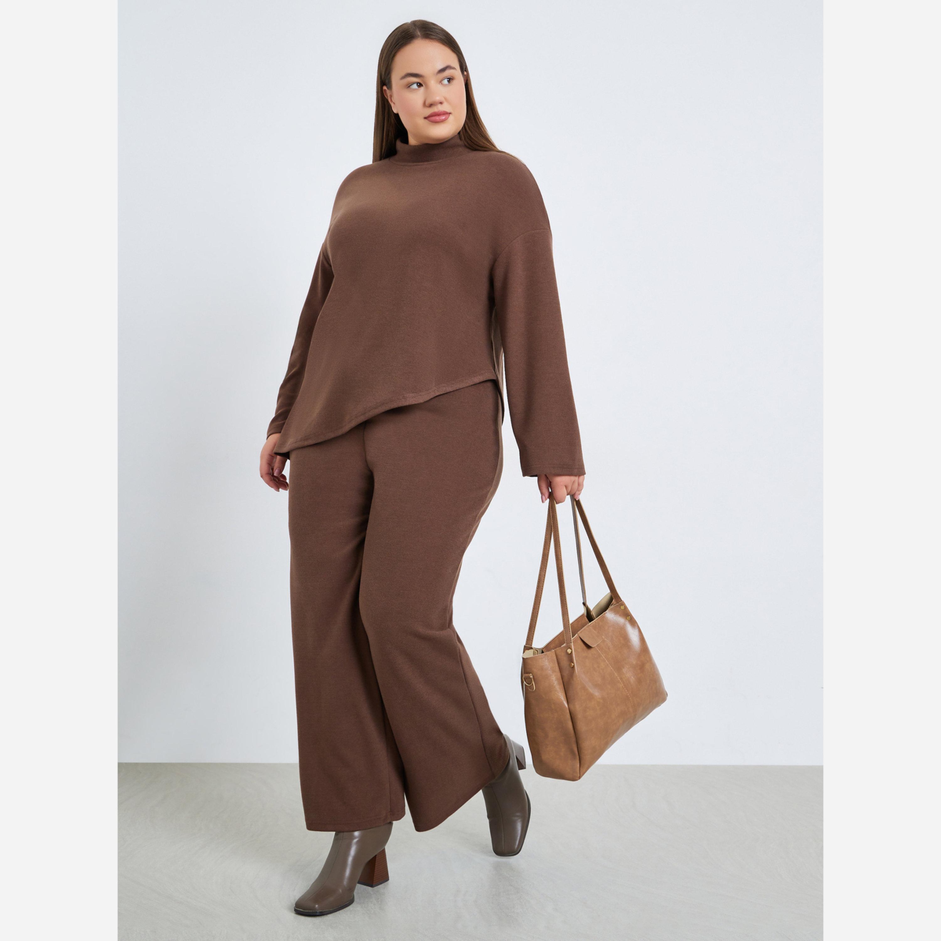 Styli Plus Size Asymmetrical Knit Top and Pants Co-Ords-women-clothing-coordsets-image-1