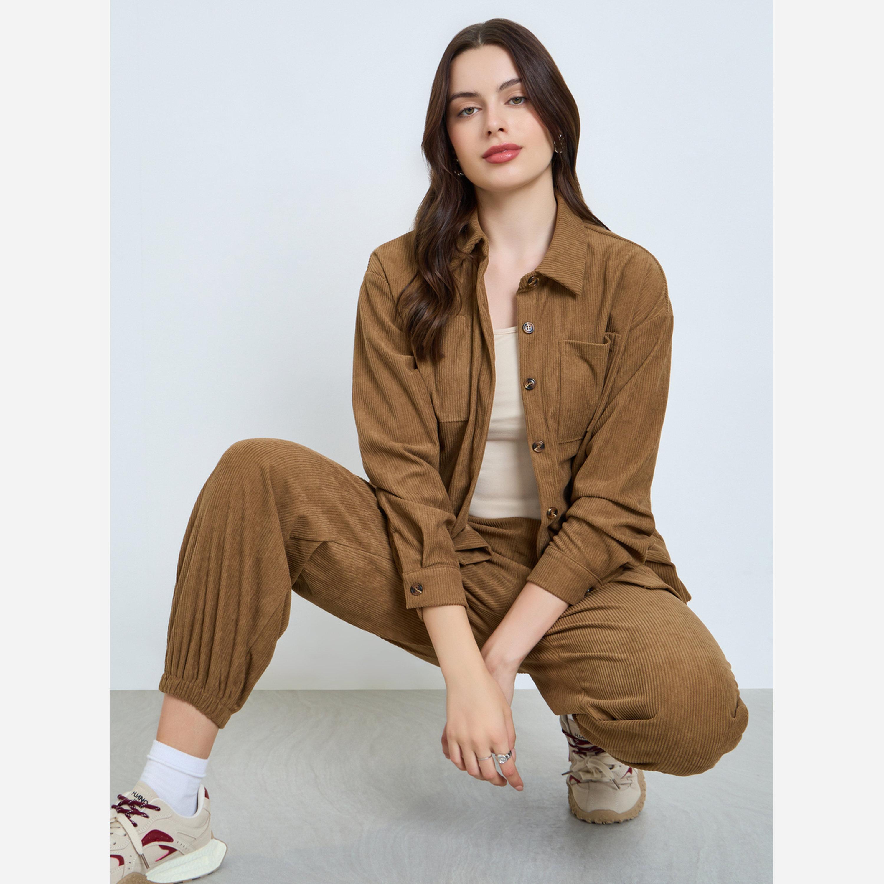 Styli Women Brown Corduroy Shirt and Joggers Co-ords-women-clothing-coordsets-image-2
