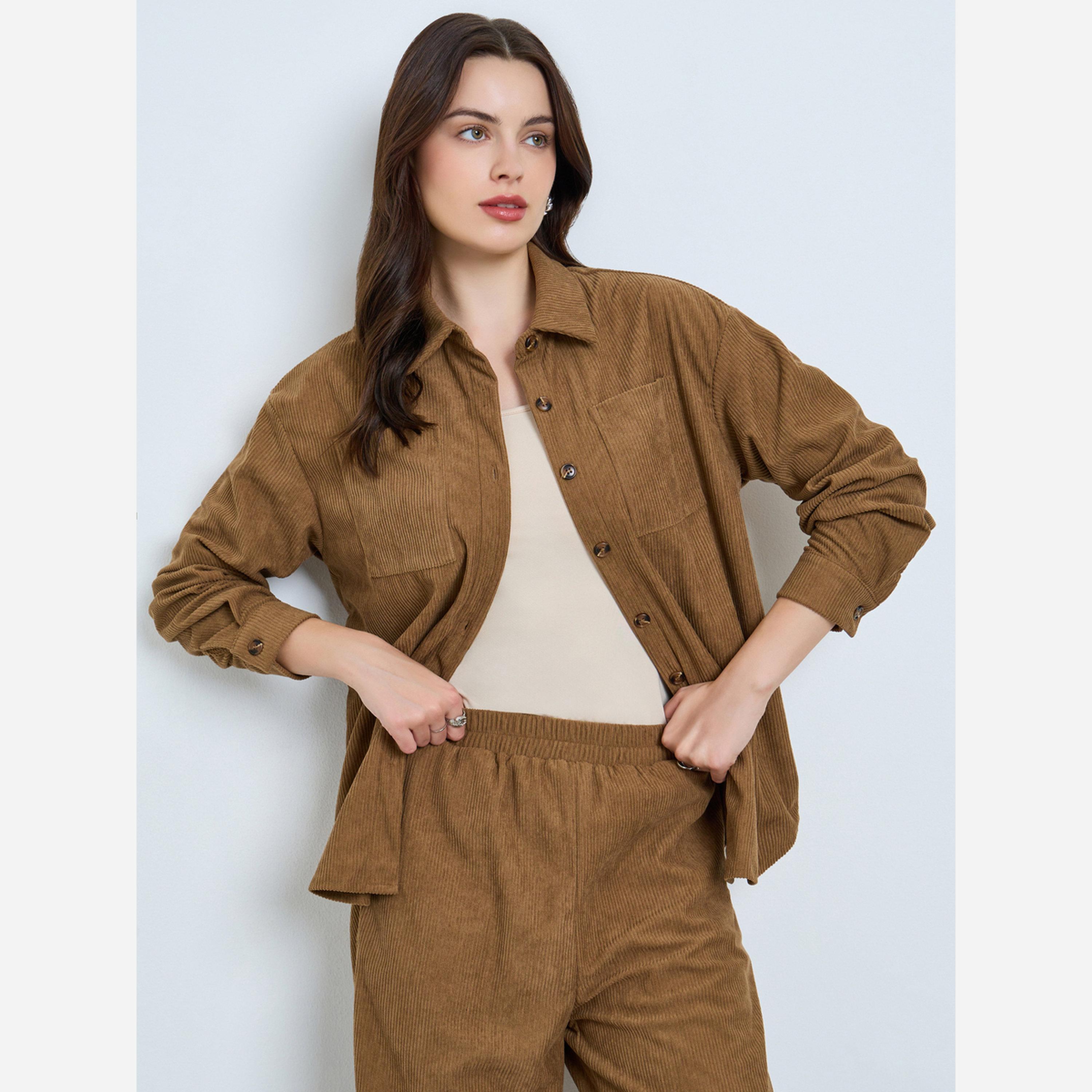 Styli Women Brown Corduroy Shirt and Joggers Co-ords-women-clothing-coordsets-image-3