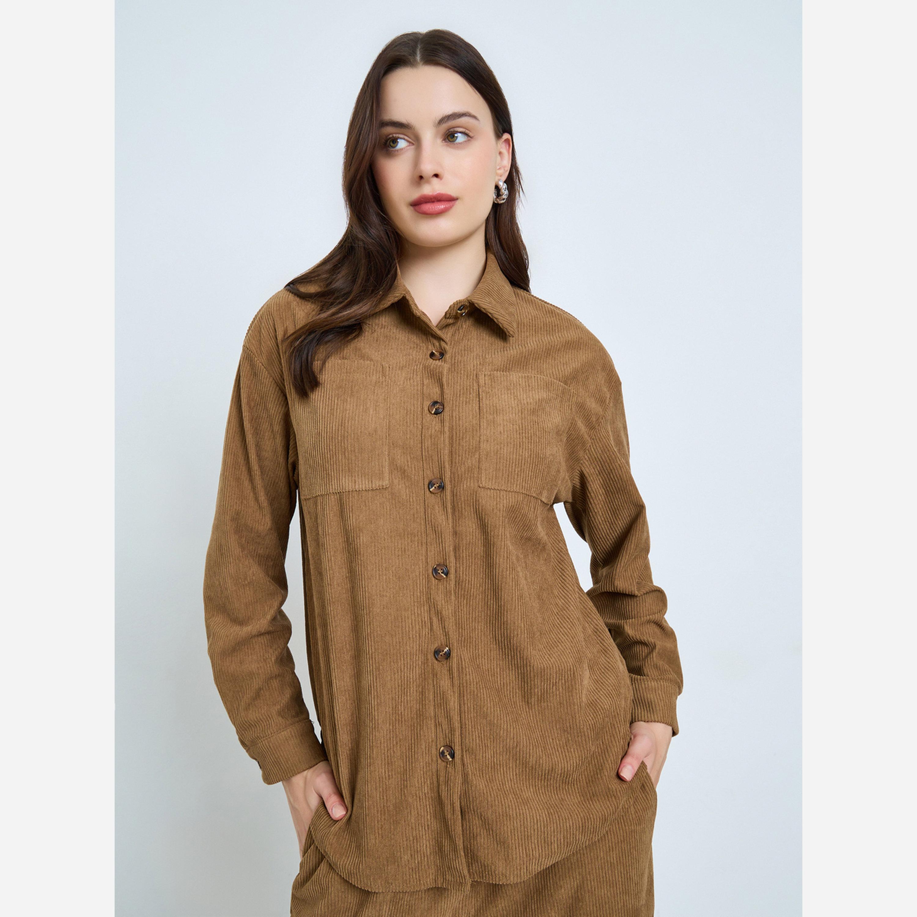 ستايلي - طقم نسائي قميص وبنطال رياضي لون بني قماش الكوردروي-women-clothing-coordsets-image-4