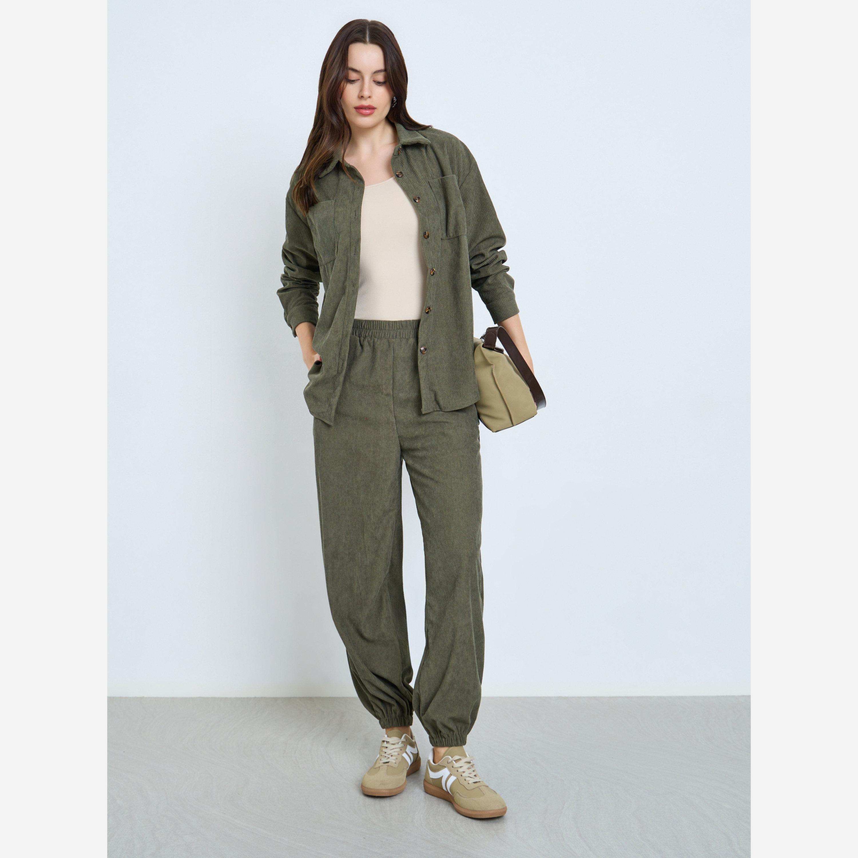 Styli Women Olive Corduroy Shirt and Joggers Co-ords-women-clothing-coordsets-image-1