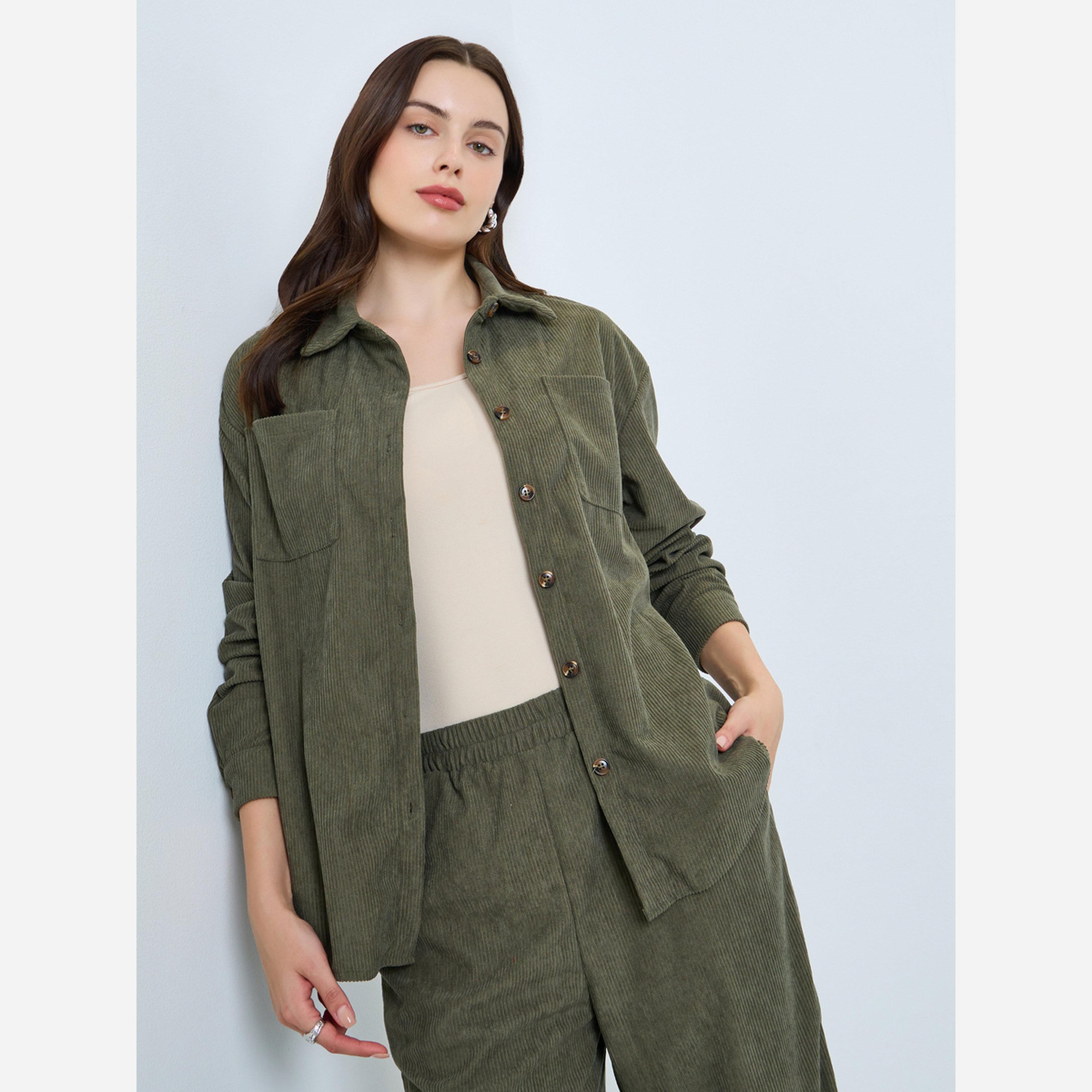 ستايلي - طقم نسائي قميص مخمل لون زيتوني وبنطال رياضي-women-clothing-coordsets-image-3
