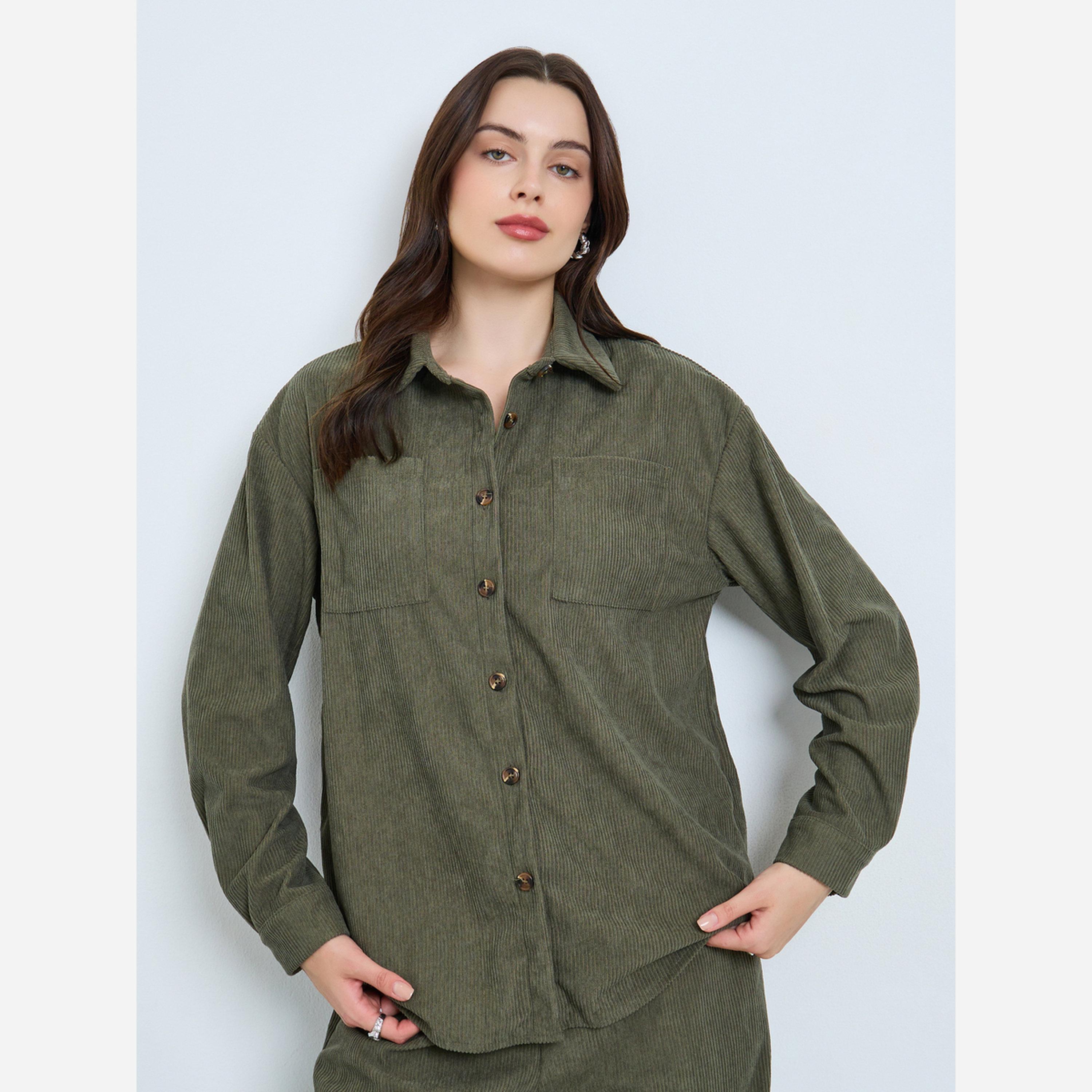 ستايلي - طقم نسائي قميص مخمل لون زيتوني وبنطال رياضي-women-clothing-coordsets-image-4