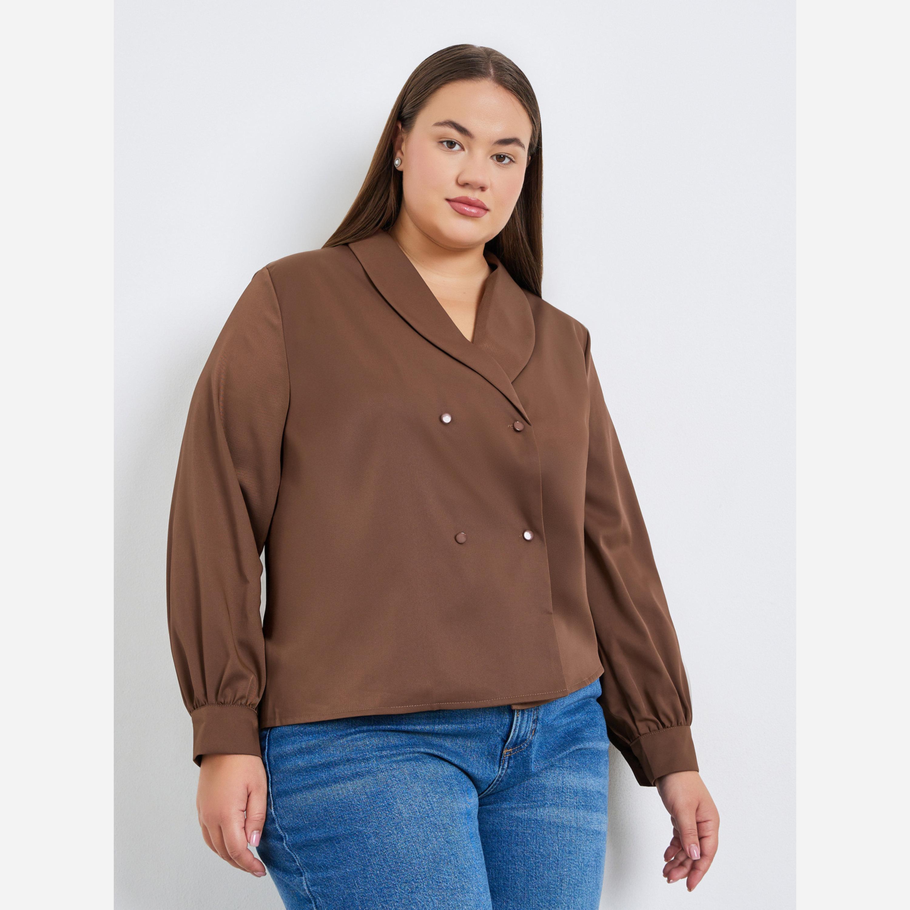 ستايلي - بلوزة لون بني أكمام طويلة ملفوفة مقاس واسع-women-clothing-shirtsandblouses-blouses-image-1