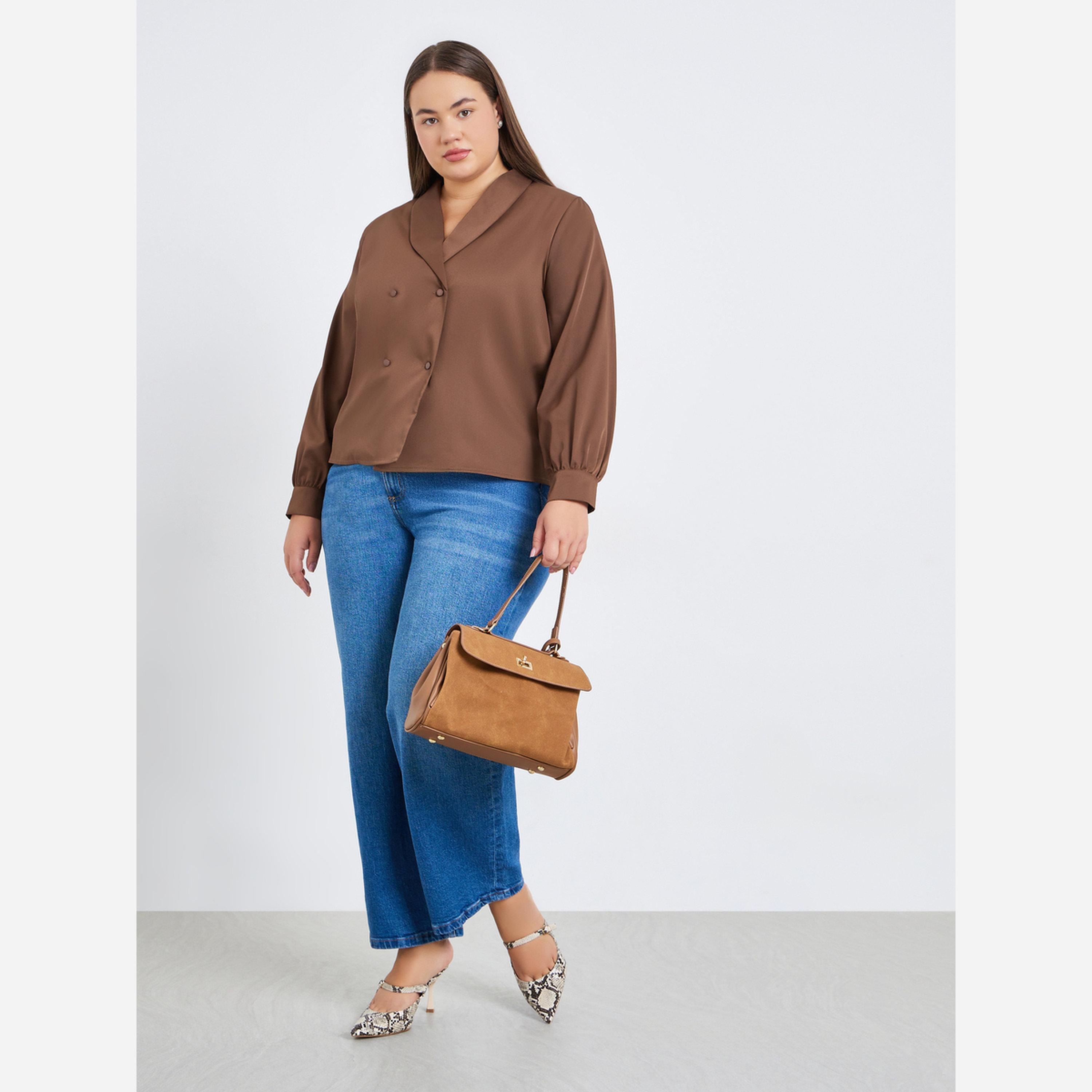 Styli Plus Size Brown Long Sleeve Wrap Blouse-women-clothing-shirtsandblouses-blouses-image-2