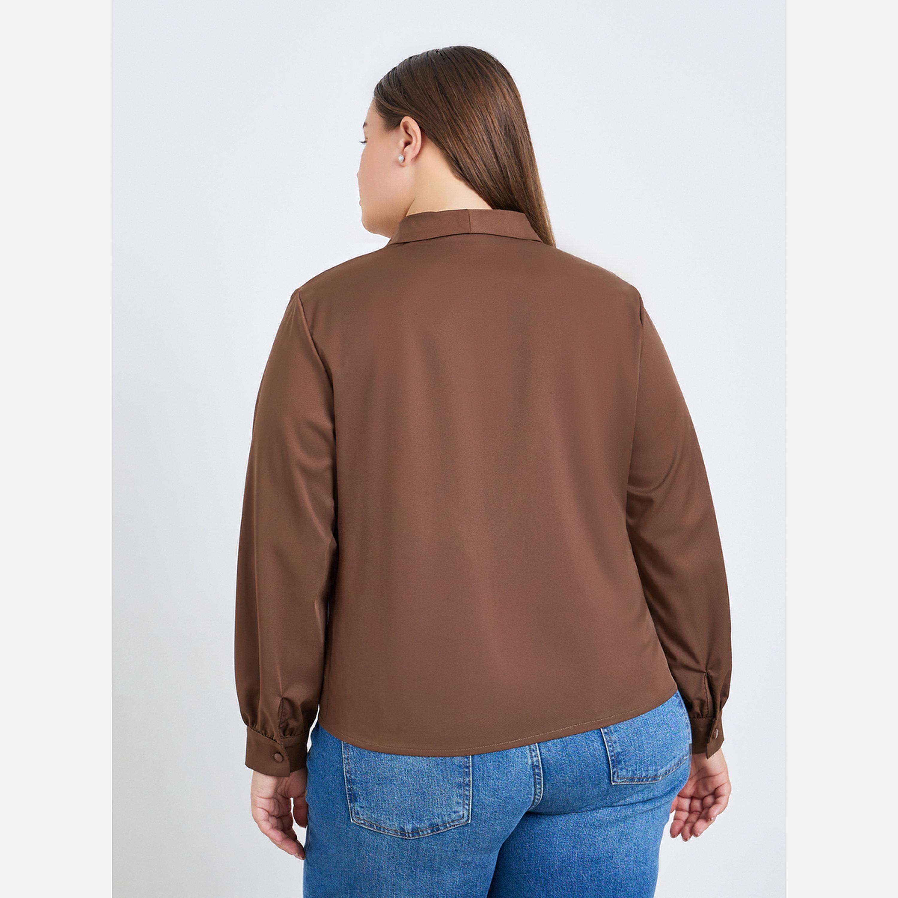 ستايلي - بلوزة لون بني أكمام طويلة ملفوفة مقاس واسع-women-clothing-shirtsandblouses-blouses-image-4