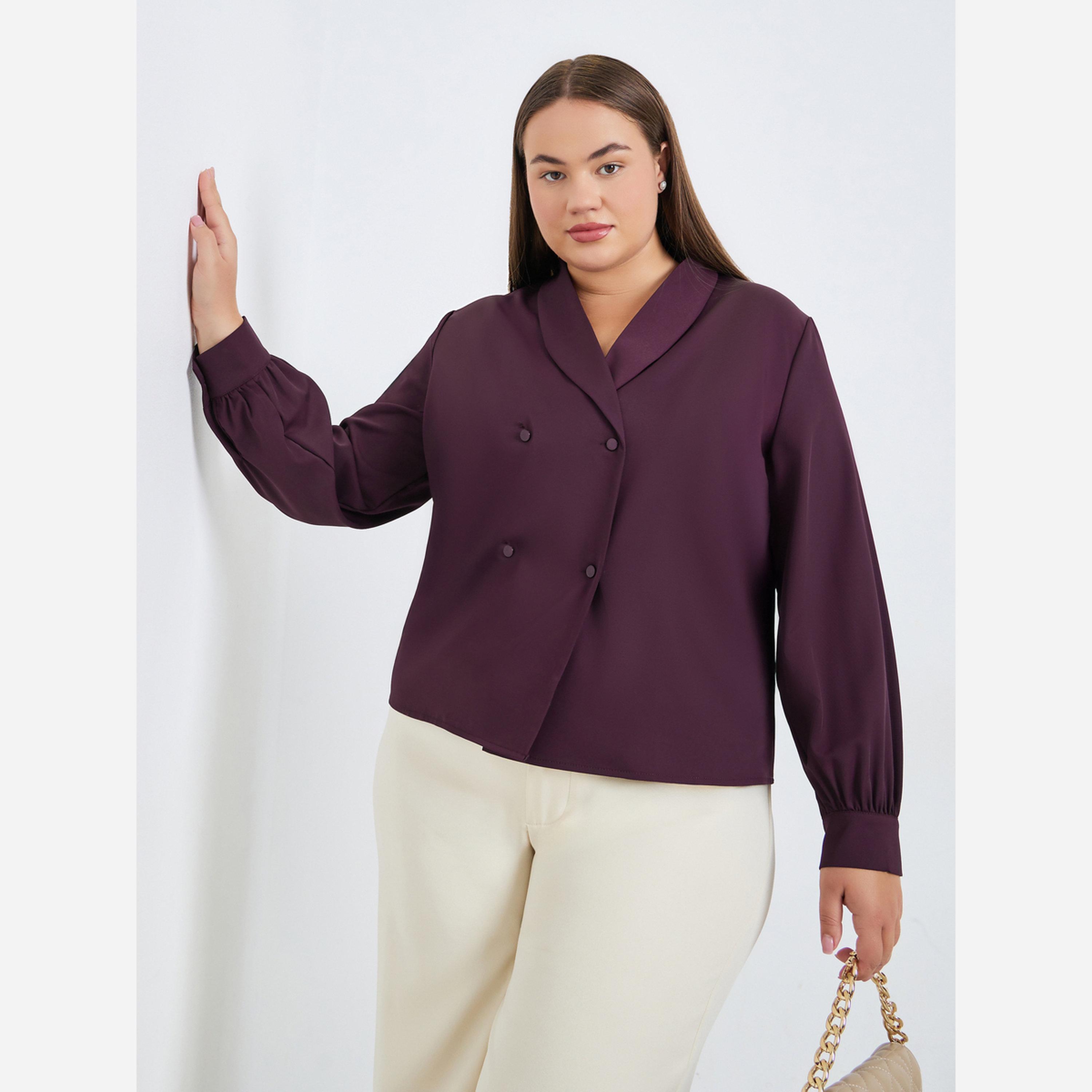 Styli Plus Size Burgundy Long Sleeve Wrap Blouse-women-clothing-shirtsandblouses-blouses-image-1