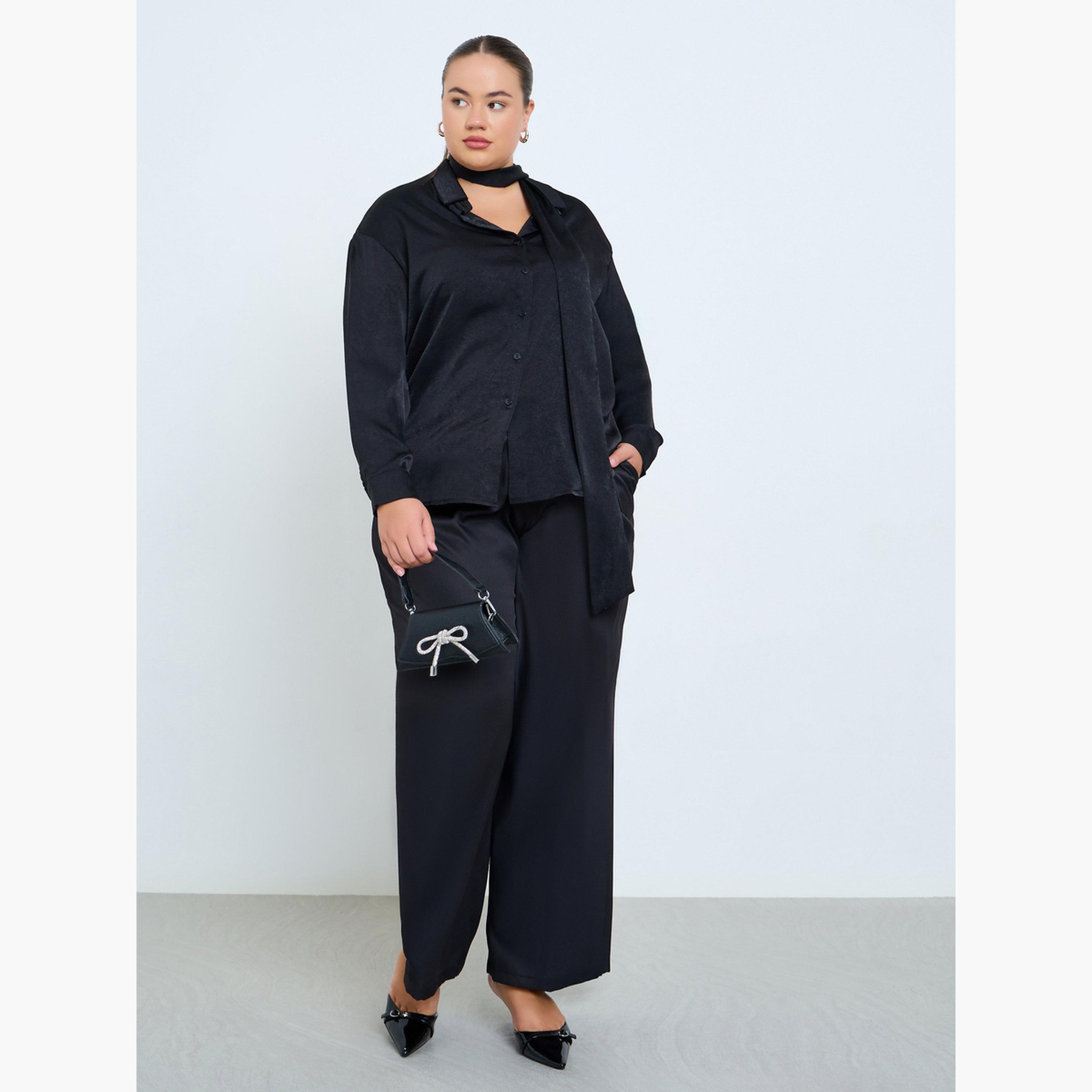 ستايلي - قميص وشاح ساتان مقاس كبير لون أسود-women-clothing-shirtsandblouses-blouses-image-2
