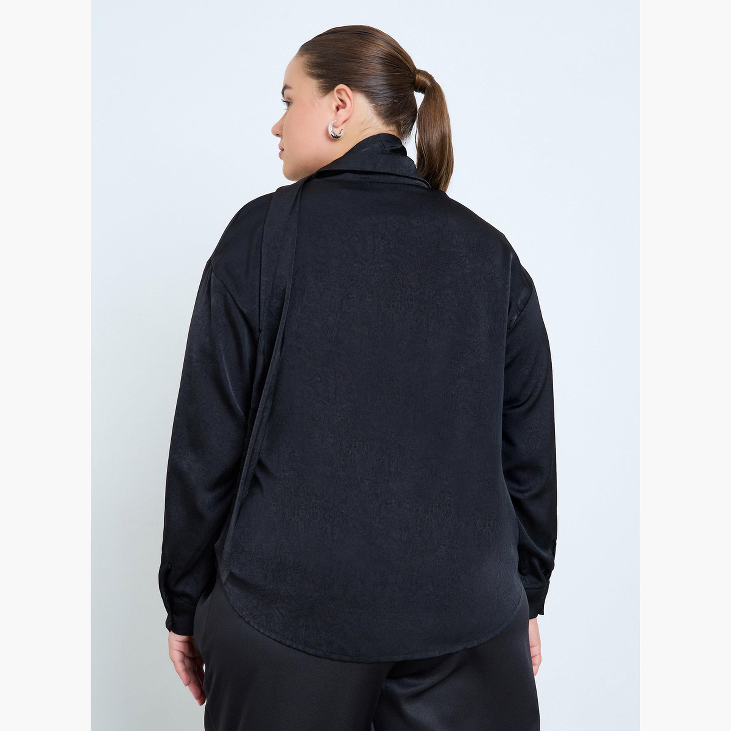 ستايلي - قميص وشاح ساتان مقاس كبير لون أسود-women-clothing-shirtsandblouses-blouses-image-3