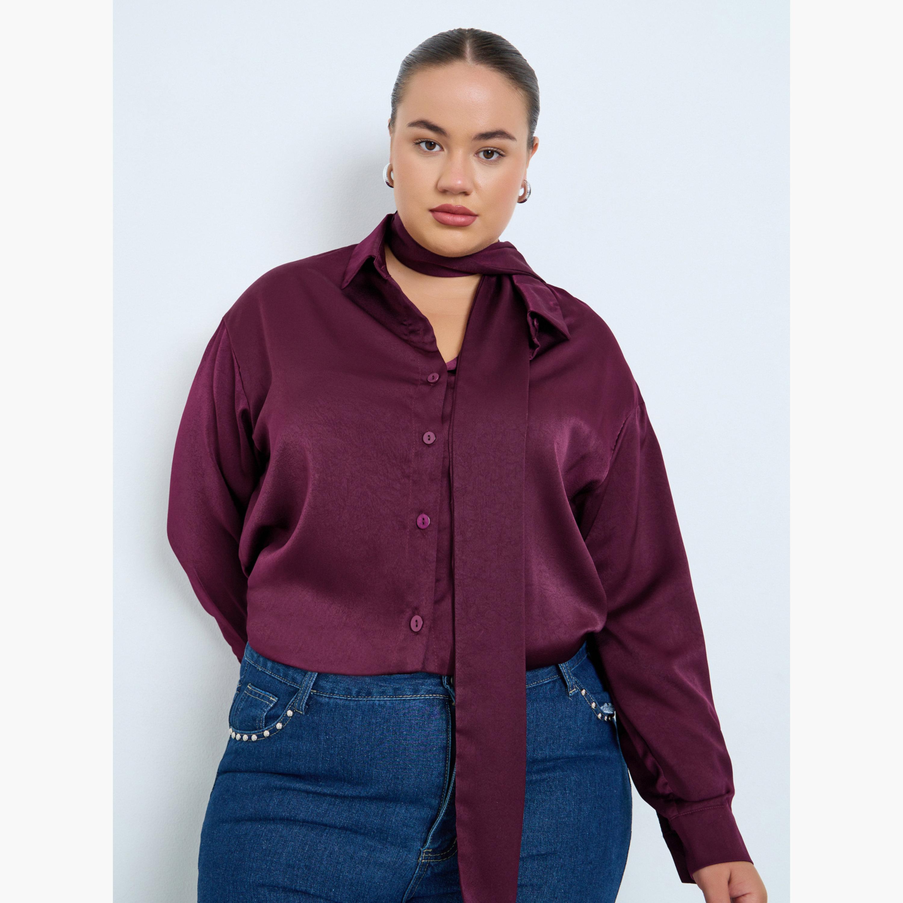 Styli Plus Size Burgundy Satin Shirt-women-clothing-shirtsandblouses-blouses-image-3