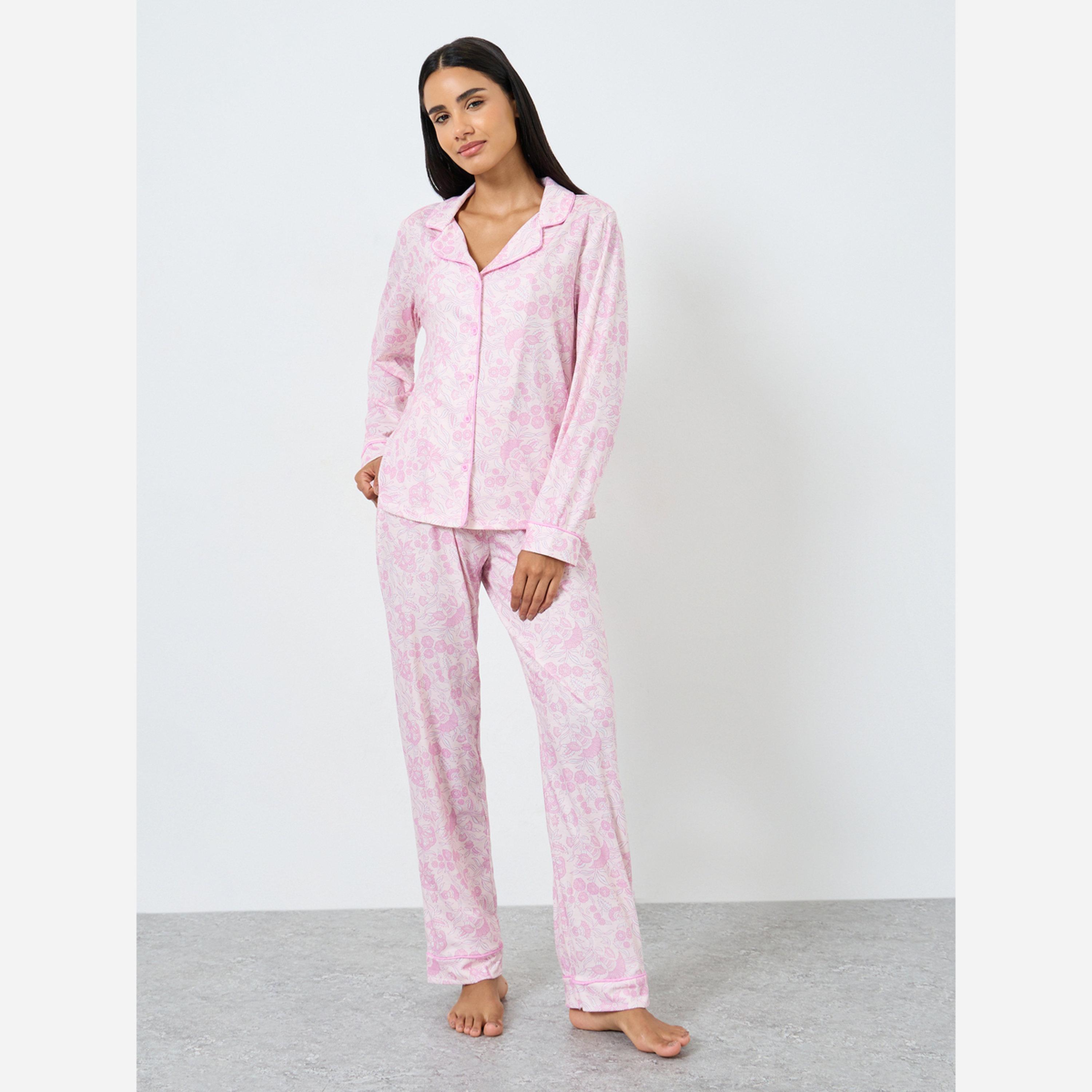 Styli Floral Piped Long Sleeve Shirt and Pyjama Set-women-clothing-nightwear-pyjamas-longsets-image-1