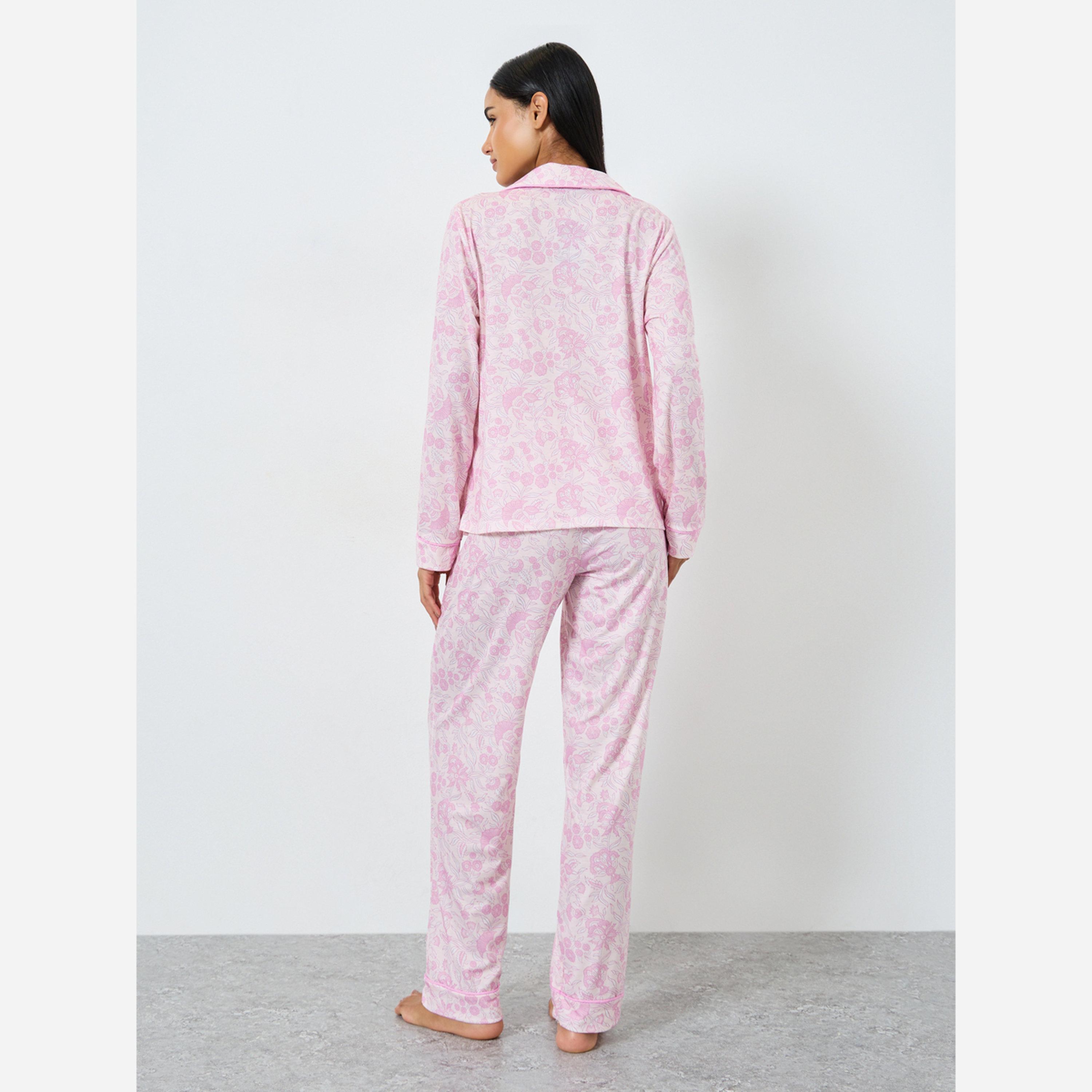 Styli Floral Piped Long Sleeve Shirt and Pyjama Set-women-clothing-nightwear-pyjamas-longsets-image-5