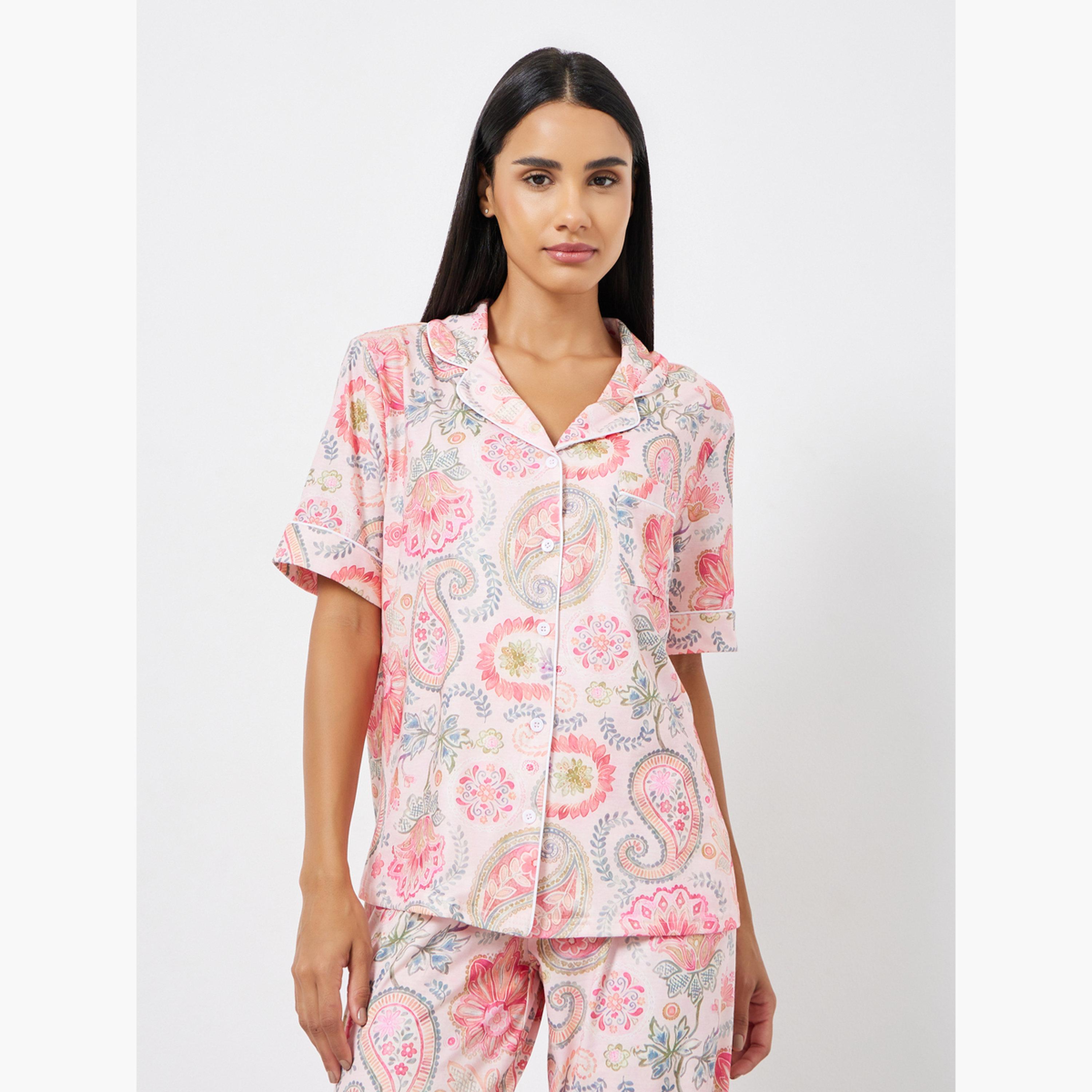 Styli Paisley Piped Short Sleeve Shirt and Pyjama Set-women-clothing-nightwear-pyjamas-longsets-image-2