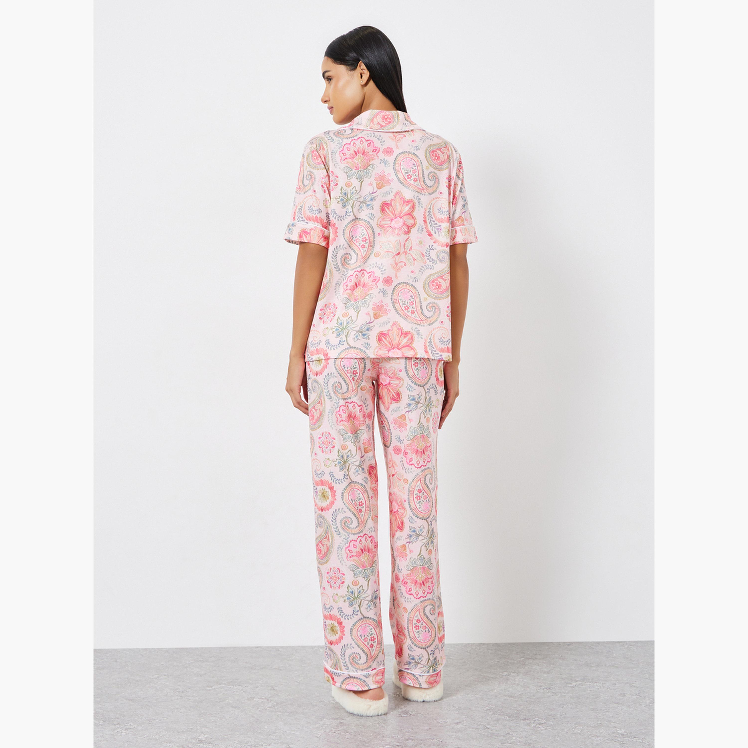Styli Paisley Piped Short Sleeve Shirt and Pyjama Set-women-clothing-nightwear-pyjamas-longsets-image-3