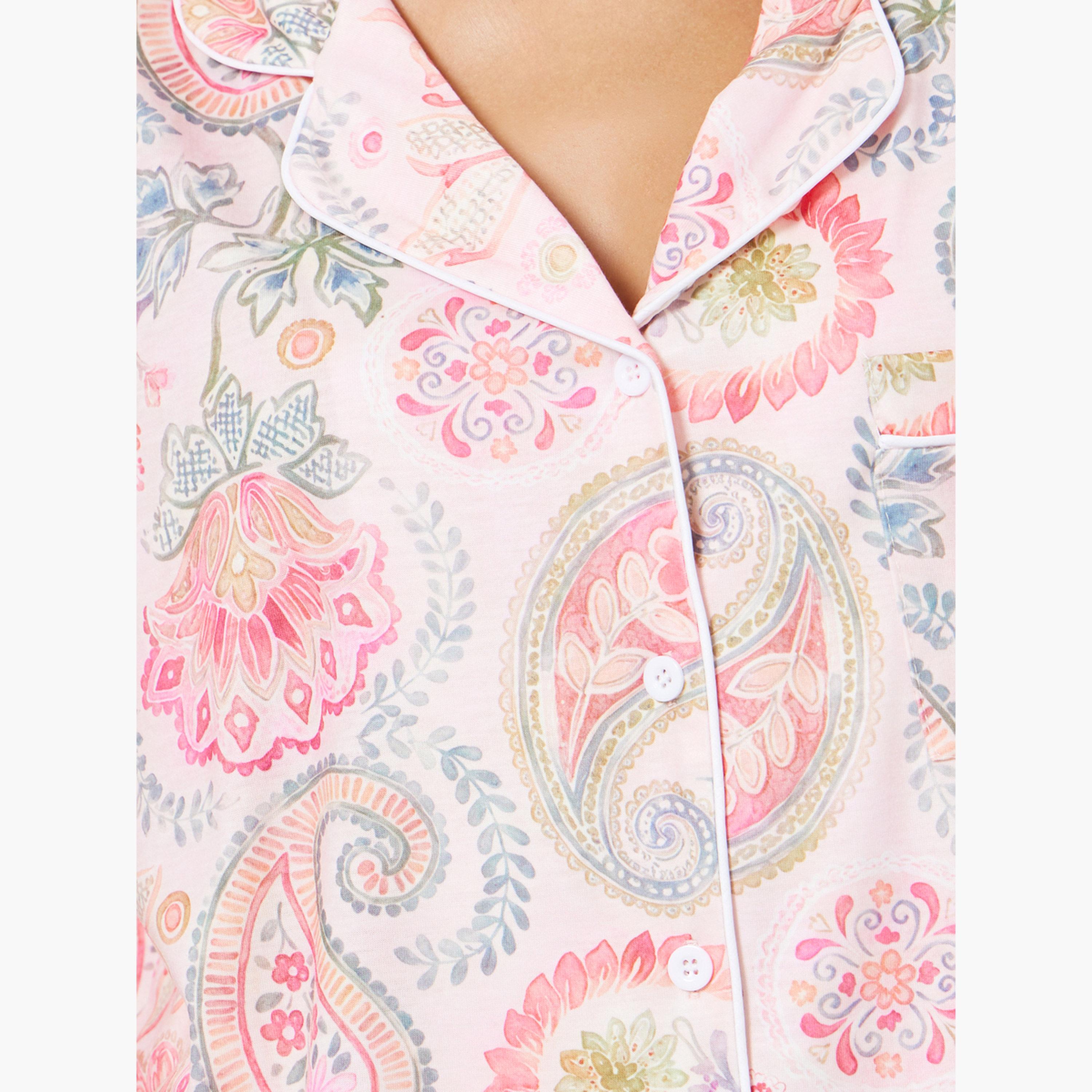 طقم بيجامة قميص بأكمام قصيرة وتفاصيل شريط بتصميم بيزلي-women-clothing-nightwear-pyjamas-longsets-image-5