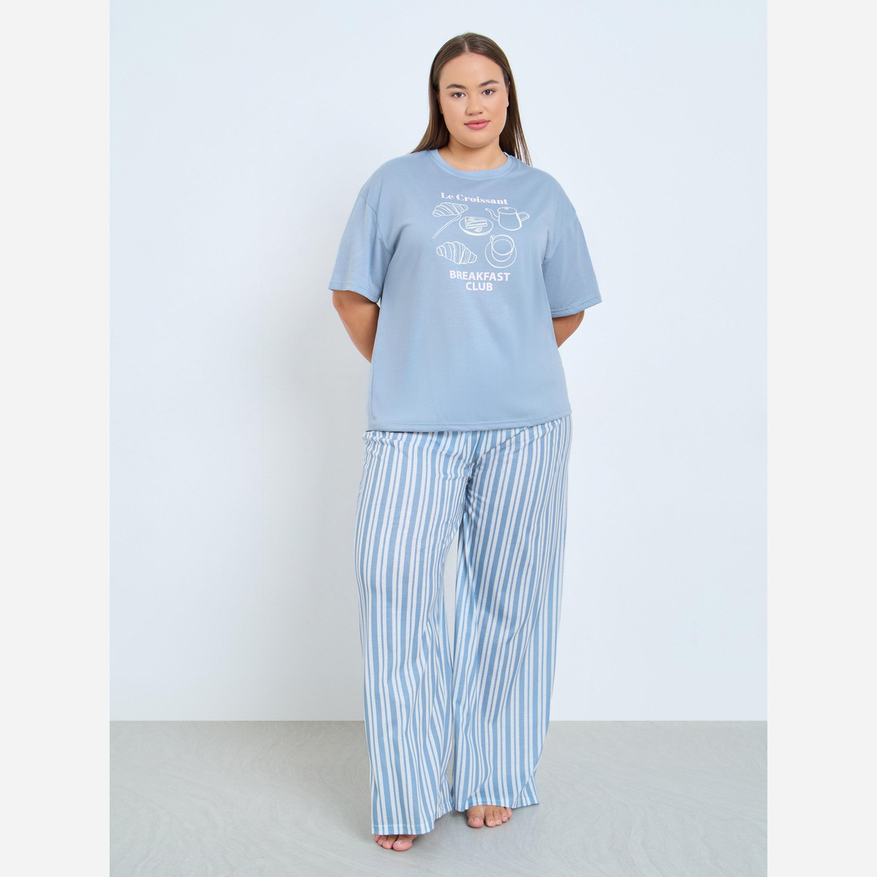 ستايلي - بيجاما مقاس واسع طبعة كرواسون وأكتاف منسدلة-women-clothing-nightwear-pyjamas-longsets-image-1