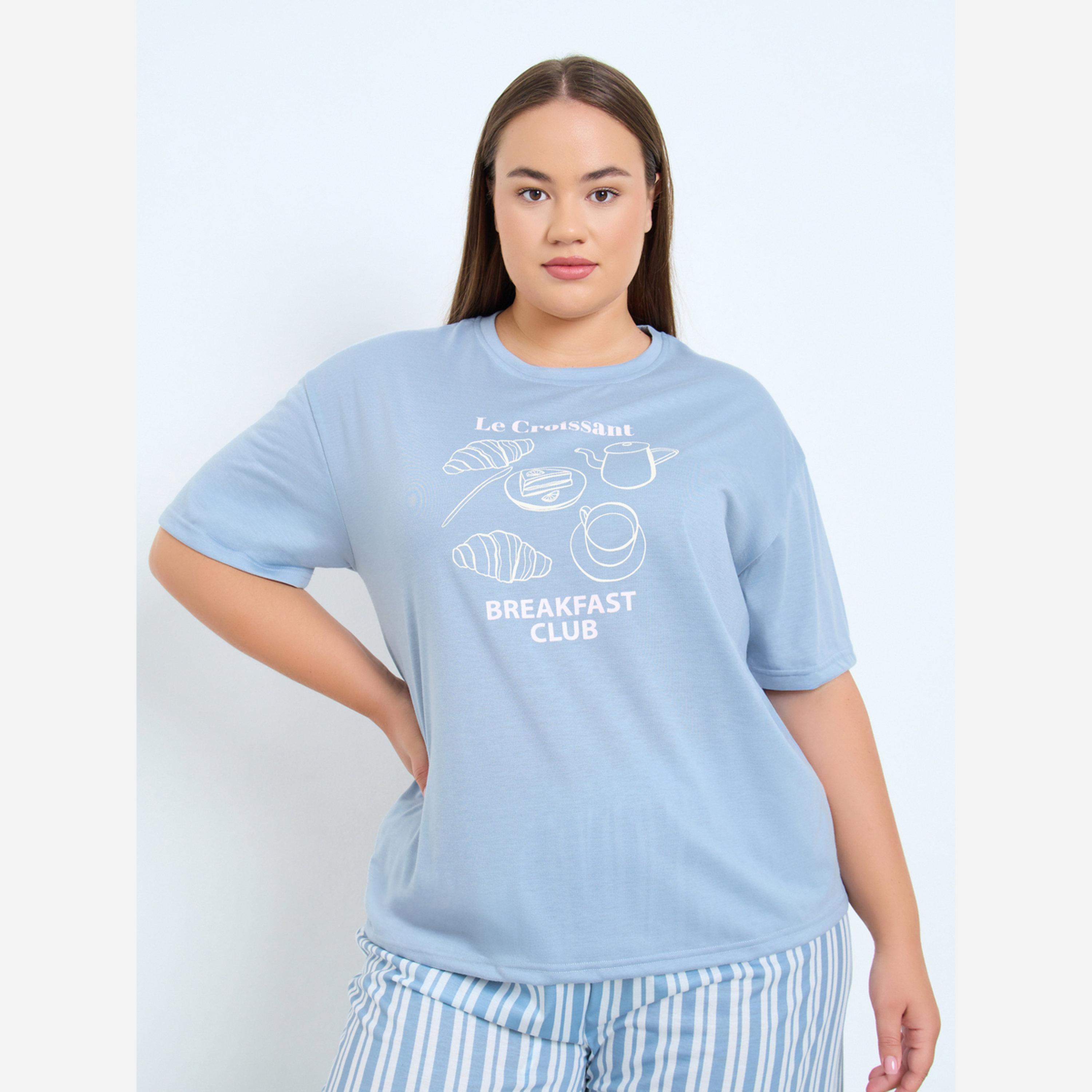 ستايلي - بيجاما مقاس واسع طبعة كرواسون وأكتاف منسدلة-women-clothing-nightwear-pyjamas-longsets-image-2