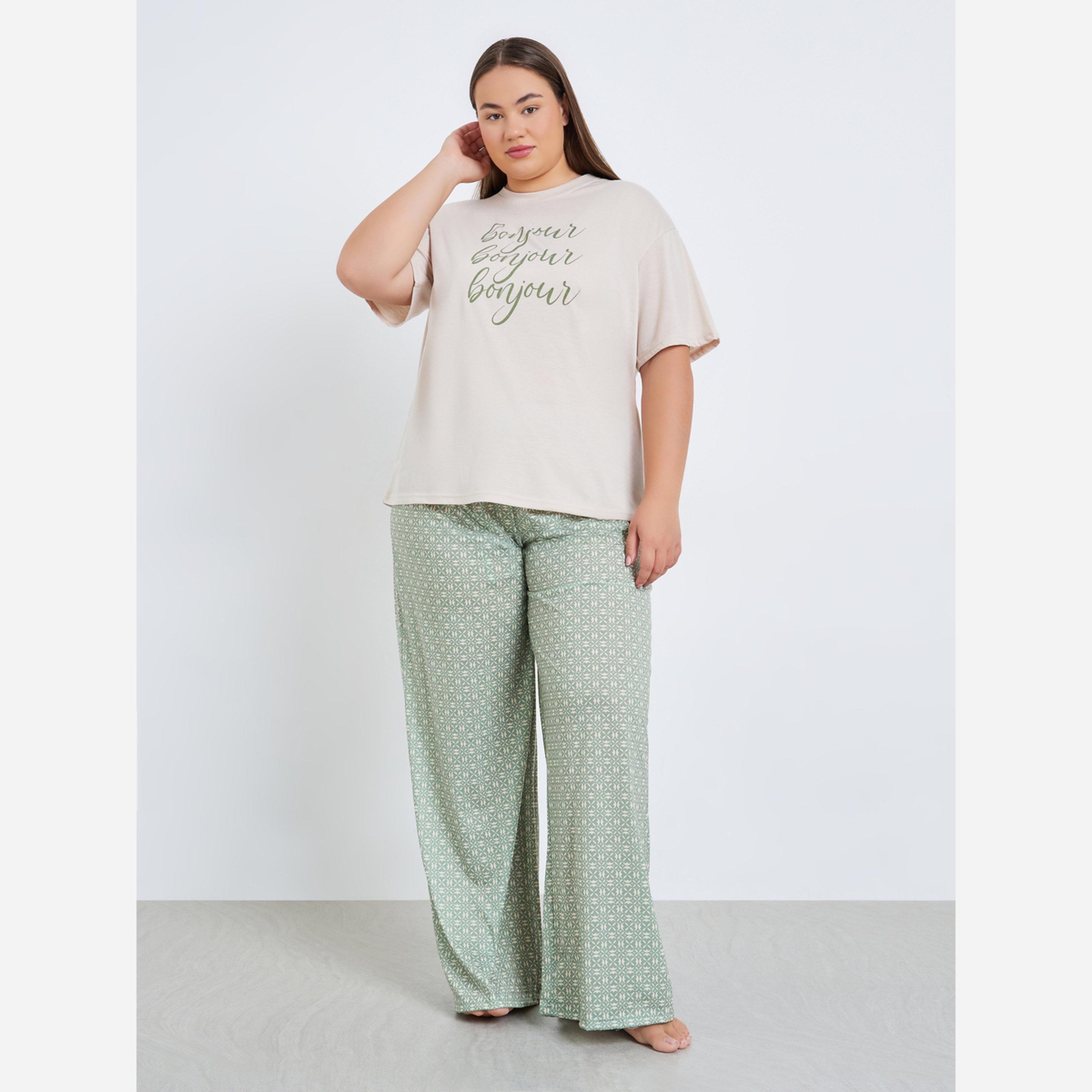 Styli Plus Size Bonjour Drop Shoulder T-Shirt and Pyjama Set-women-clothing-nightwear-pyjamas-longsets-image-1