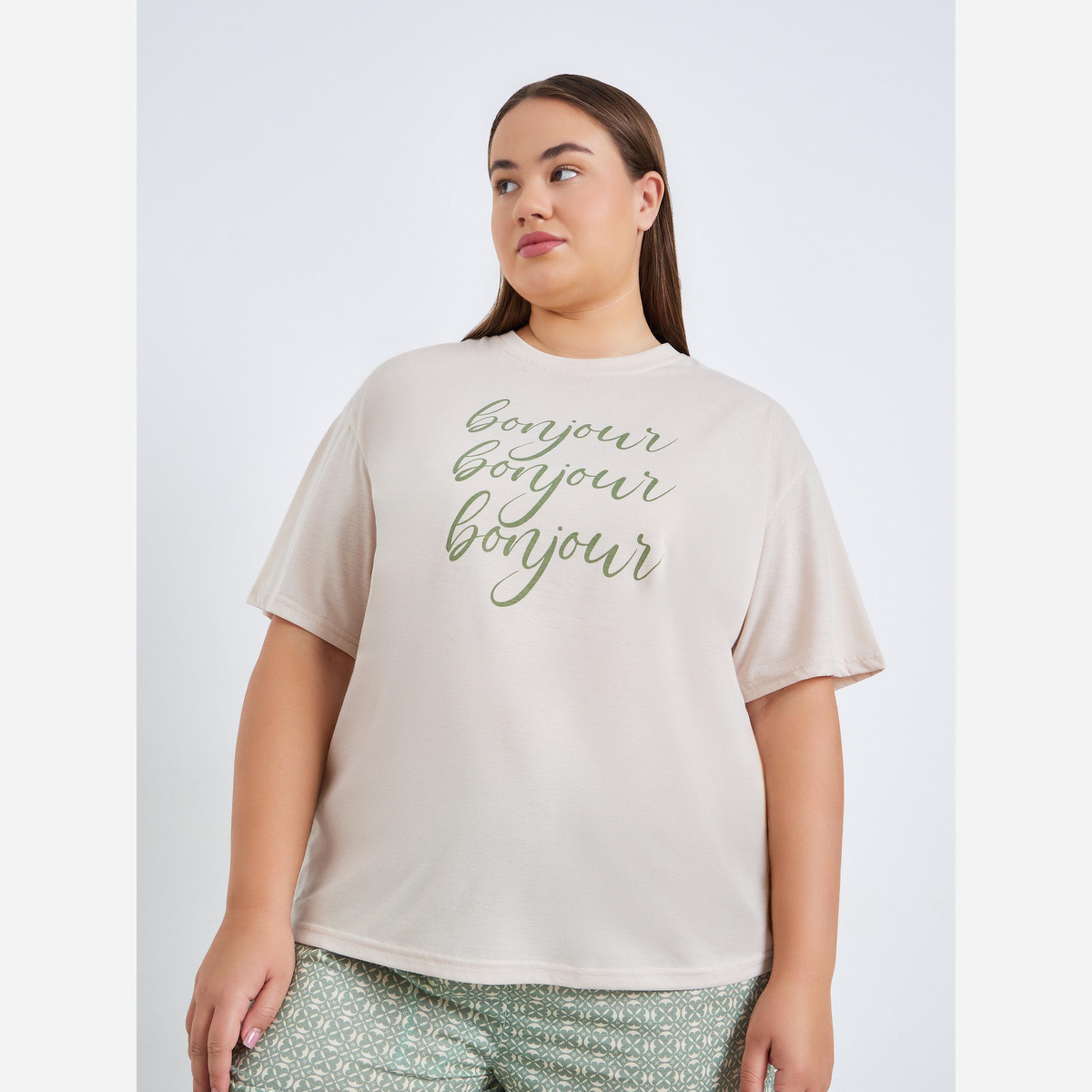 ستايلي - بيجاما تيشيرت بكتف منسدل مقاس واسع-women-clothing-nightwear-pyjamas-longsets-image-2