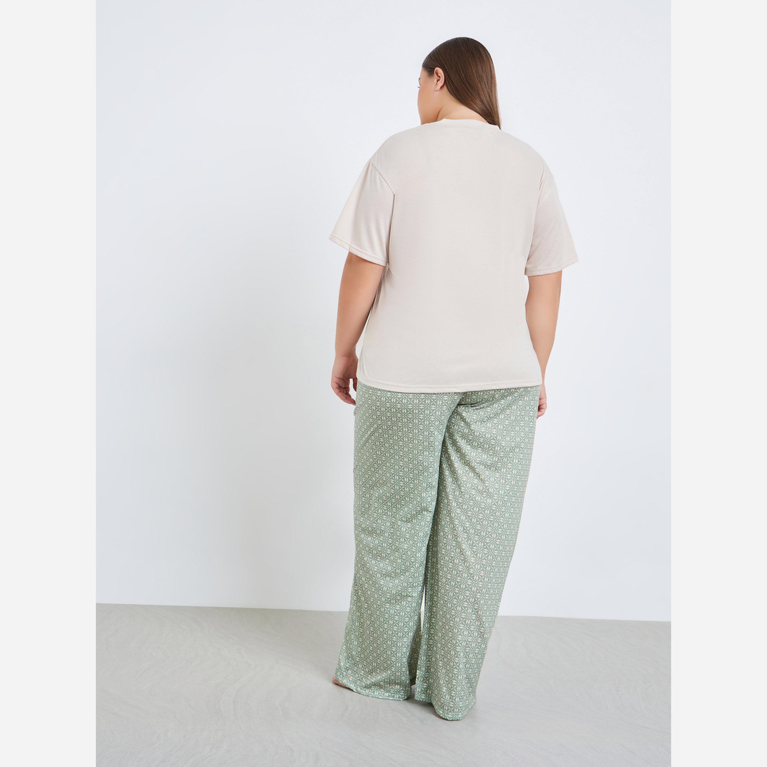 ستايلي - بيجاما تيشيرت بكتف منسدل مقاس واسع-women-clothing-nightwear-pyjamas-longsets-image-6