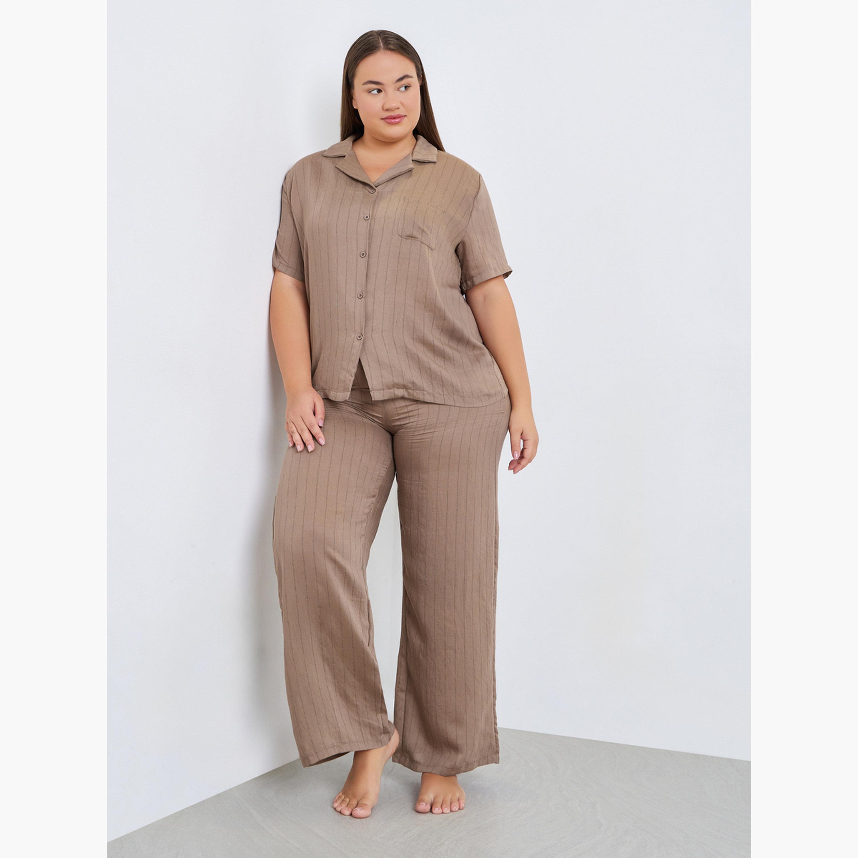Styli Plus Size Woven Striped Linen Look Shirt and Pyjama Set-women-clothing-nightwear-pyjamas-longsets-image-1