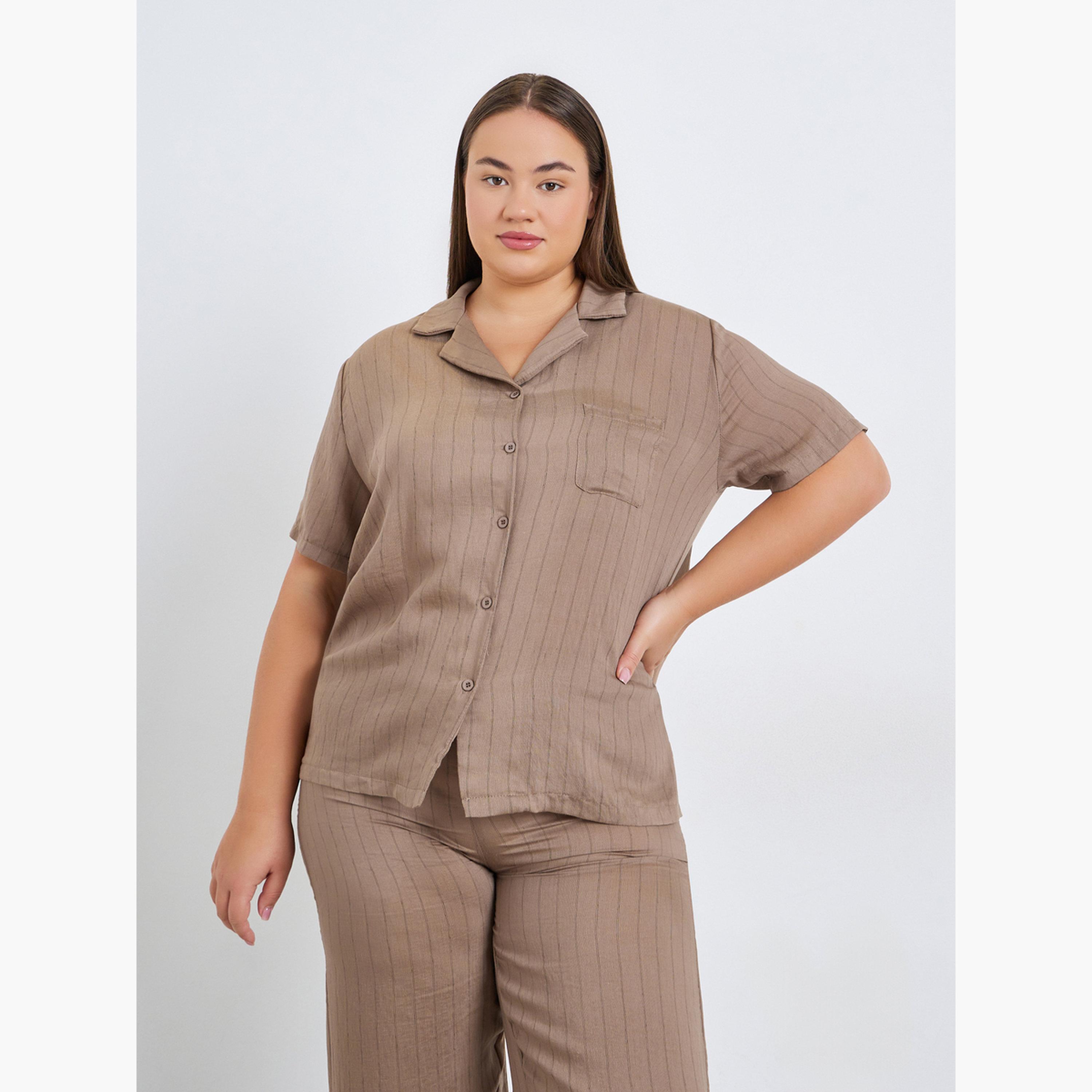 Styli Plus Size Woven Striped Linen Look Shirt and Pyjama Set-women-clothing-nightwear-pyjamas-longsets-image-3